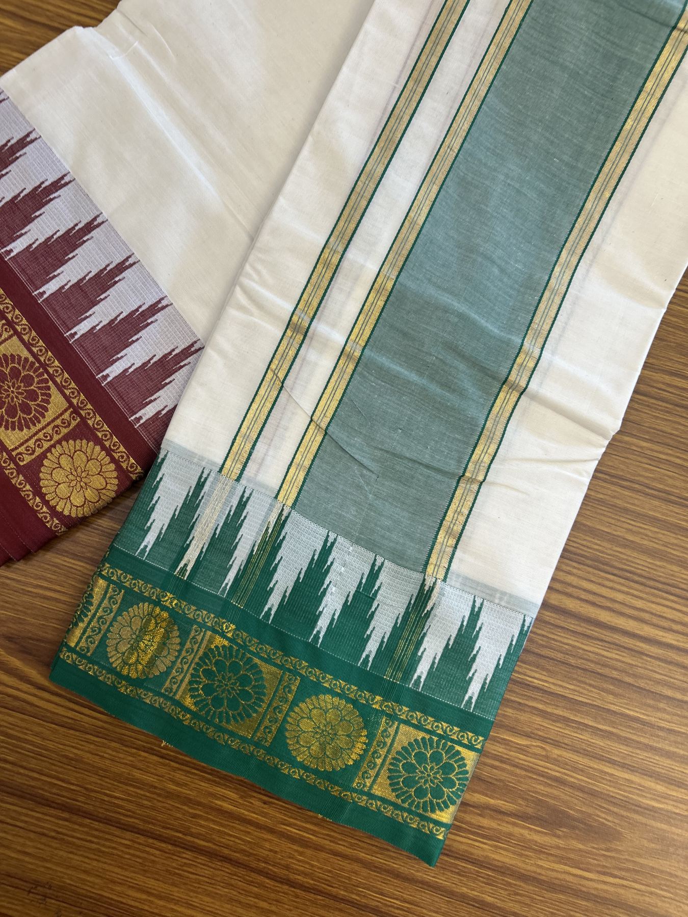 Panchakacham Dhoti - 20% Discount! Kaitharikada Balaramapuram Cotton Mix - Off White - (Unbleached) 80X90 thread - North Iindian - Attached Gamcha - 9x5 Dhoti - 3 inch Gold Kasav Green & Maroon Design kara - 13 KK8305 PMC