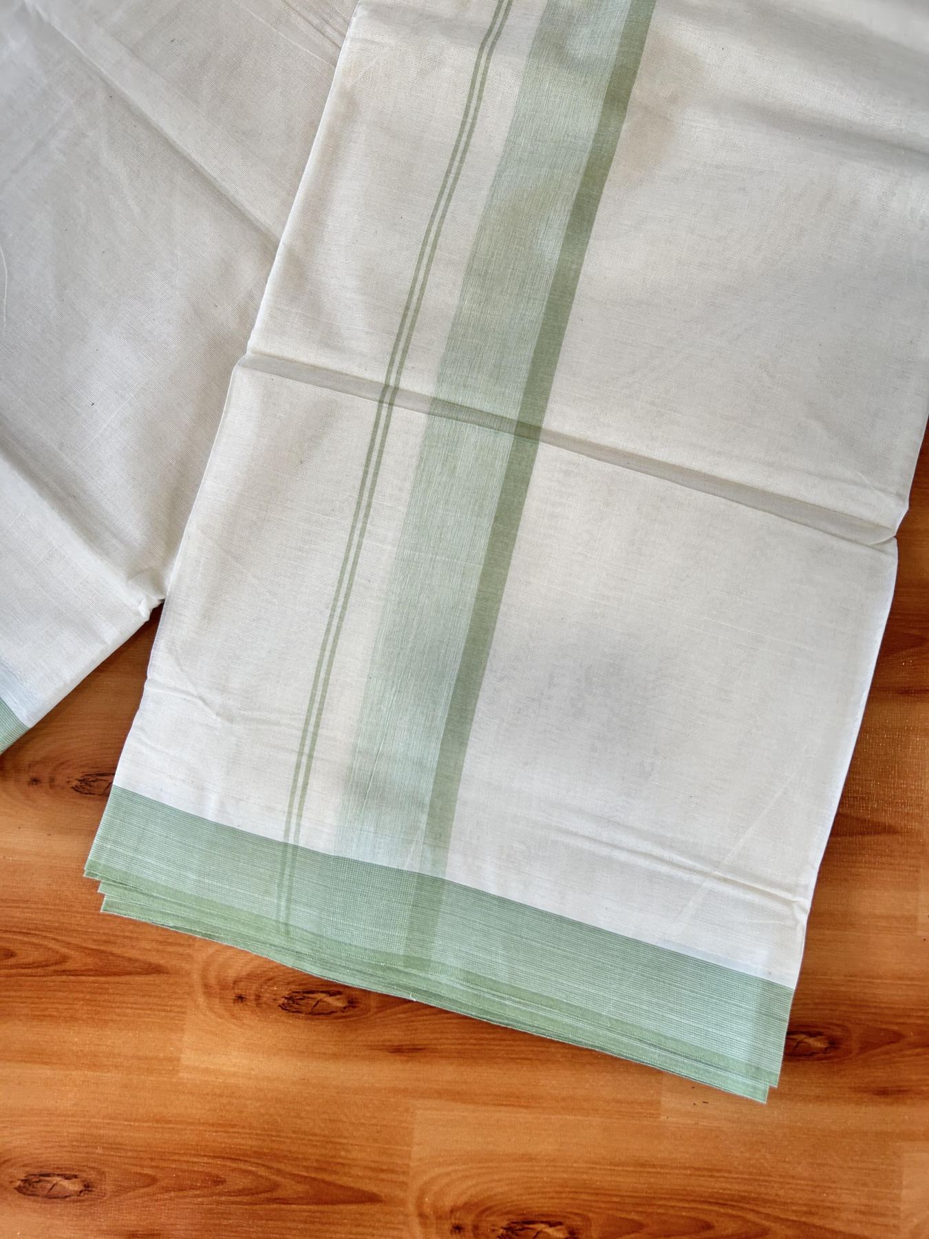 Double Off white - (Unbleached) - Mundu/Dhoti- 20% Discount! KaithariKada 100% Cotton - 100x80 - 1.75 inch Pista green Shades Stripes Kara 4 mtr (8.5 muzham) - 16 KK5440 VIN