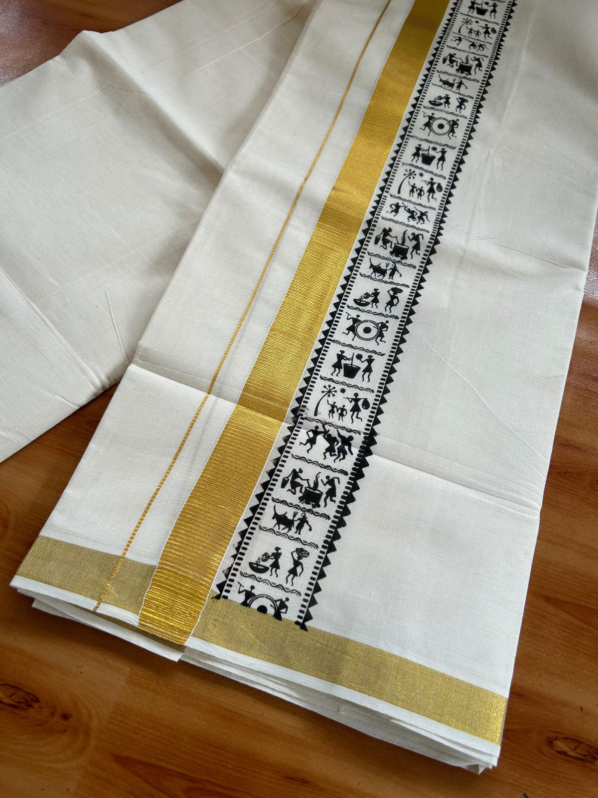 Double Off White (Unbleached) Mundu/Dhoti - 20% Discount! KaithariKada Pulimood 100% Cotton 80x72 - 3 inch Gold Kasav & Black Tribal Printed Design Kara - 4 mtr (8.5 muzham) - 74 KK5553 STH