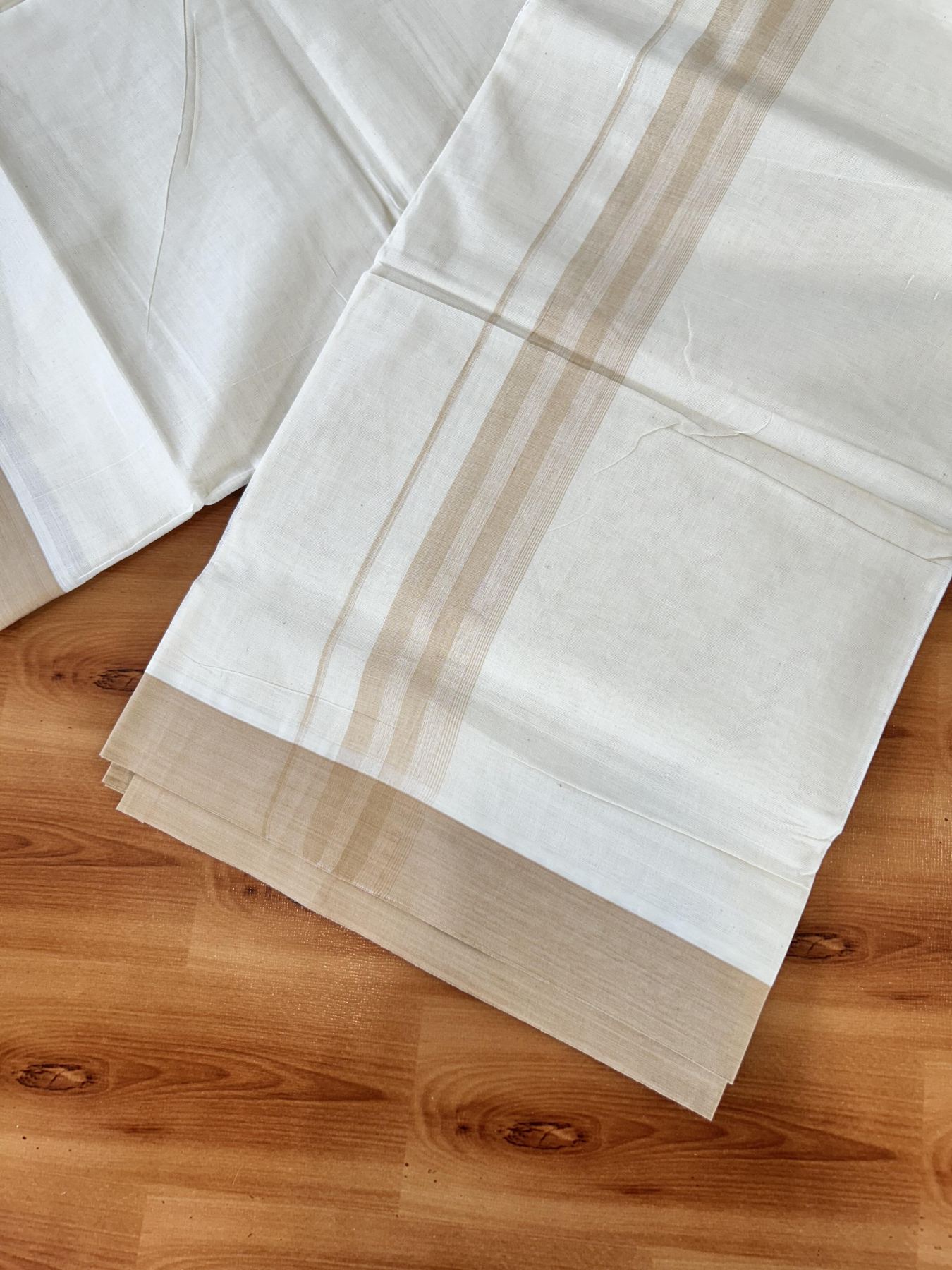 Double Off white - (Unbleached) - Mundu/Dhoti- 20% Discount! KaithariKada 100% Cotton - 100x80 - 1.75 inch Beige Shades Stripes Kara 4 mtr (8.5 muzham) - 14 KK5440 VIN