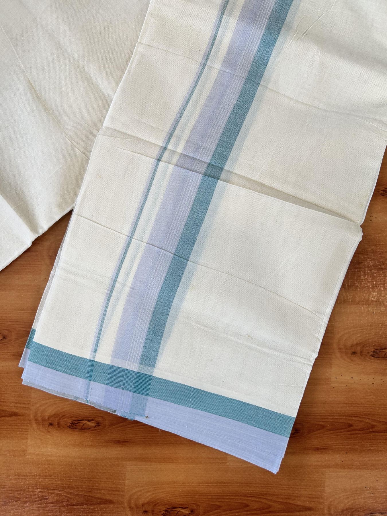 Double Off white - (Unbleached) - Mundu/Dhoti- 20% Discount! KaithariKada 100% Cotton - 100x80 - 1.75 inch Lavander & Green Stripes Kara 4 mtr (8.5 muzham) - 28 KK5440 VIN