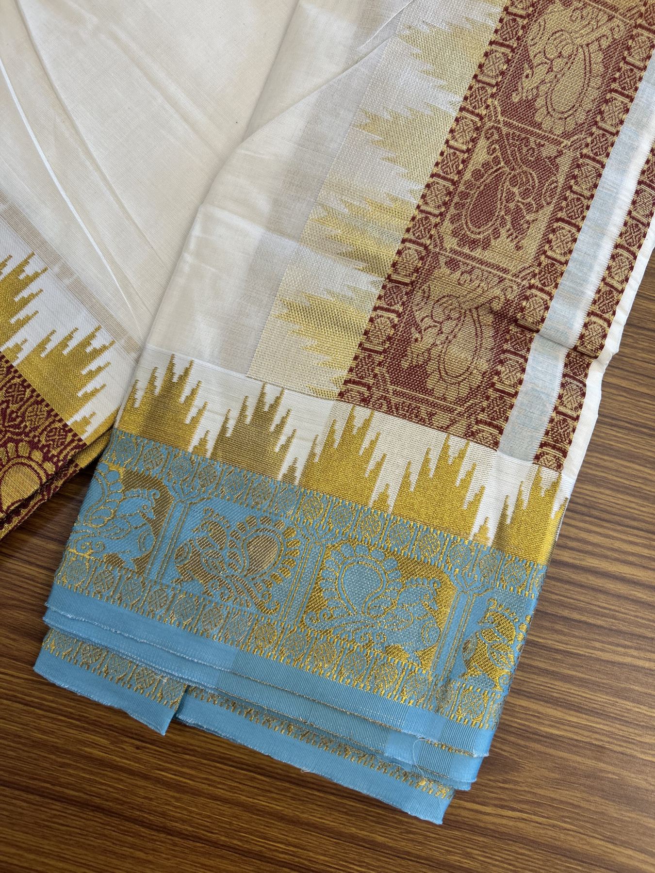 Panchakacham Dhoti - 20% Discount! Kaitharikada Balaramapuram Cotton Mix - Off White - (Unbleached) 80X90 thread - North Iindian - Attached Gamcha - 9x5 Dhoti - 5.25 inch Gold Kasav Light Blue & Maroon Heavy Design kara - 14 KK8305 PMC