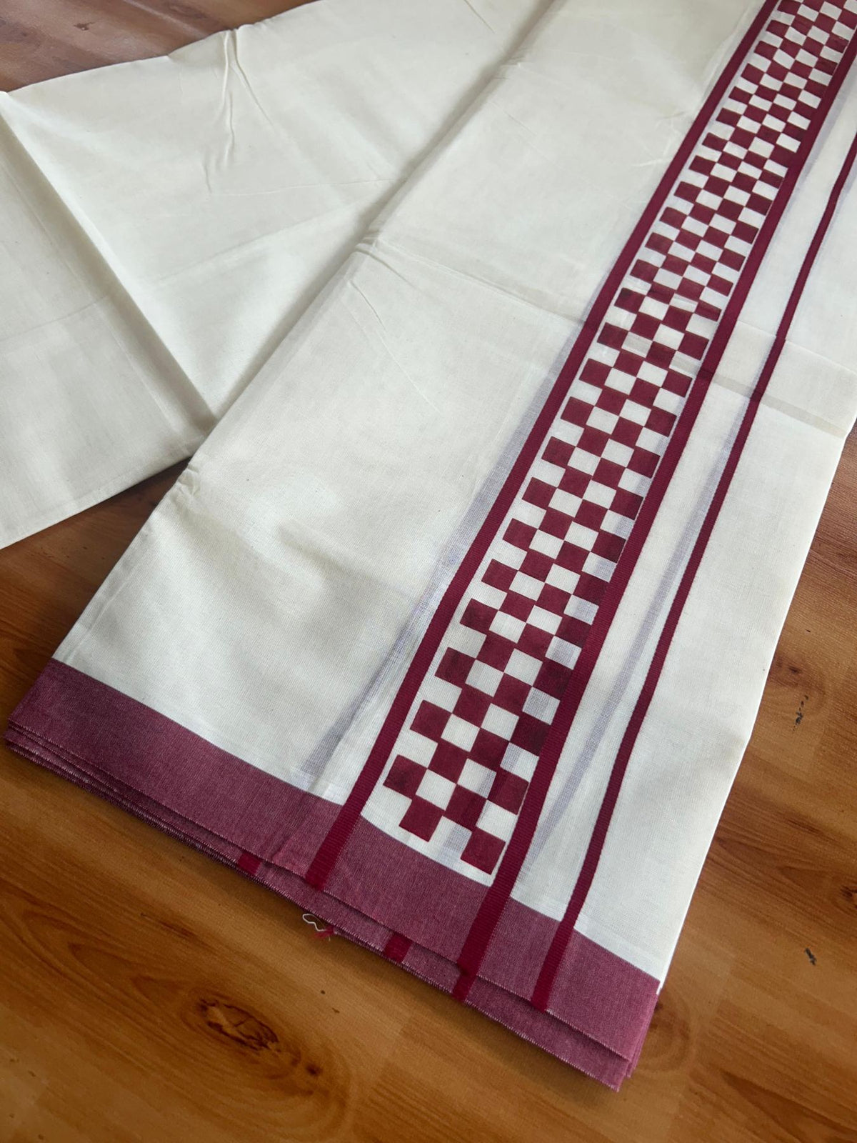 Double Off White (Unbleached) Mundu/Dhoti - 20% Discount! KaithariKada Pulimood 100% Cotton 80x72 - 2.5 inch Maroon Check Printed Designer Kara - 4 mtr (8.5 muzham) - 27 KK5553 STH