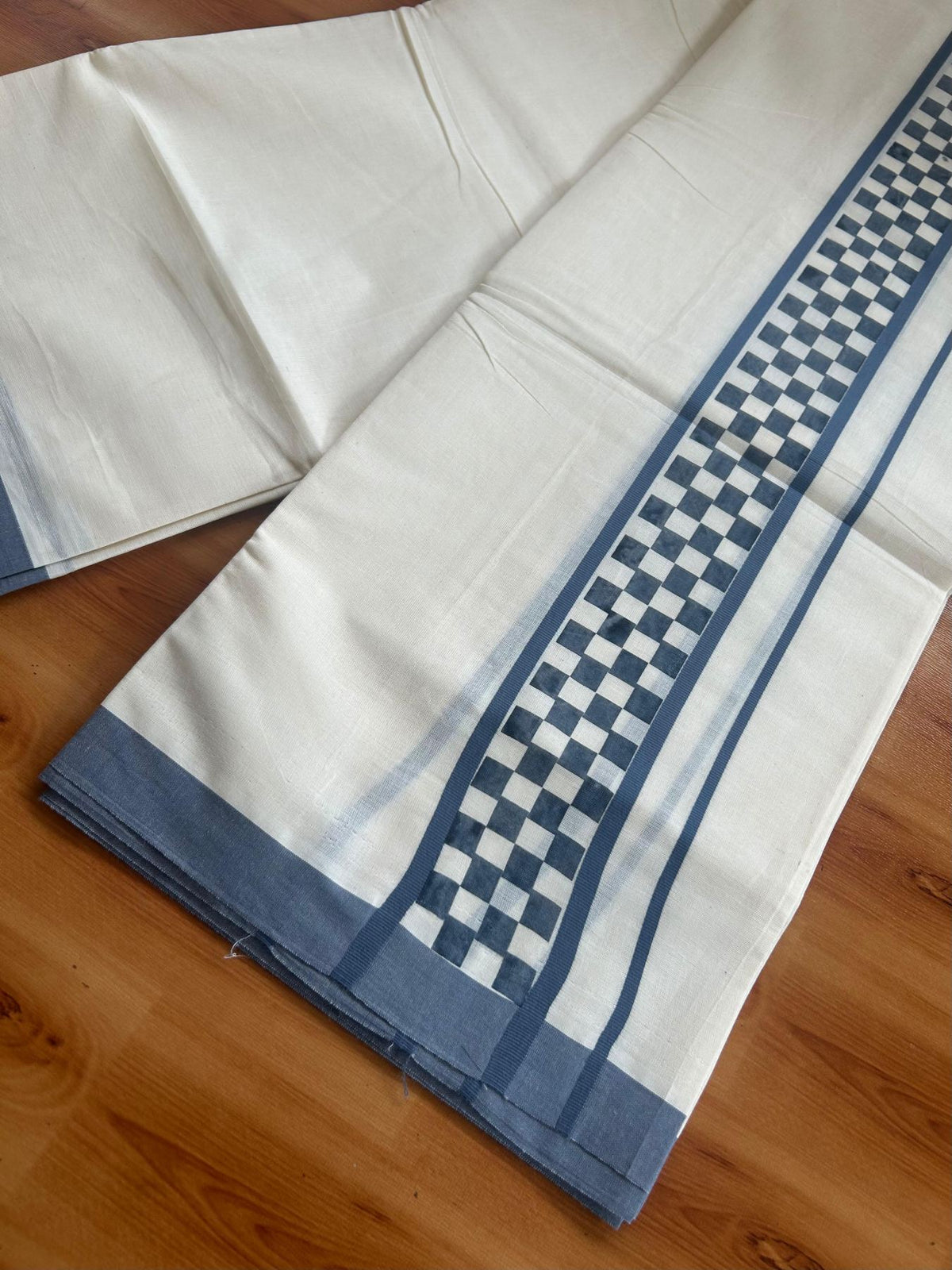 Double Off White (Unbleached) Mundu/Dhoti - 20% Discount! KaithariKada Pulimood 100% Cotton 80x72 - 2.5 inch Ash Blue Check Printed Designer Kara - 4 mtr (8.5 muzham) - 28 KK5553 STH