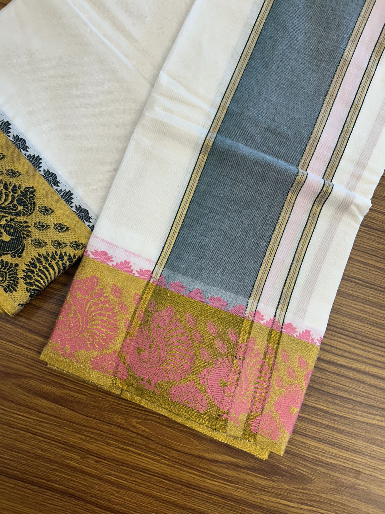 Panchakacham Dhoti - 20% Discount! Kaitharikada Balaramapuram Cotton Mix - Off White - (Unbleached) 80X90 thread - North Iindian - Attached Gamcha - 9x5 Dhoti - 3.75 inch Gold kasav Dark Green & Pink kara - 10 KK8305 PMC