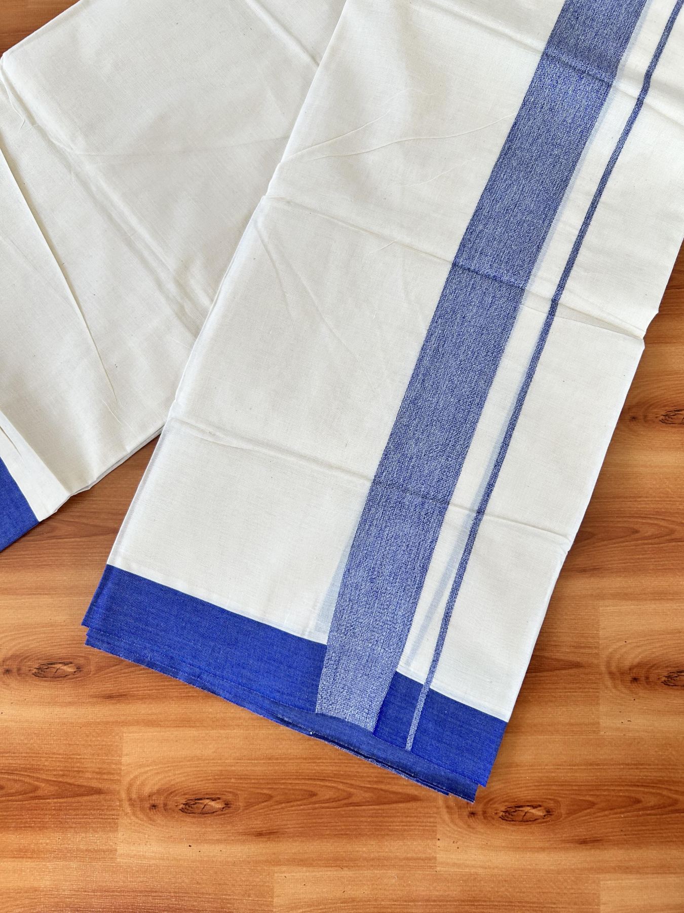 Double Off white - (Unbleached) - Mundu/Dhoti- 20% Discount! KaithariKada 100% Cotton - 100x80 - 1.75 inch Blue Shaded Kara 4 mtr (8.5 muzham) - 25 KK5440 VIN