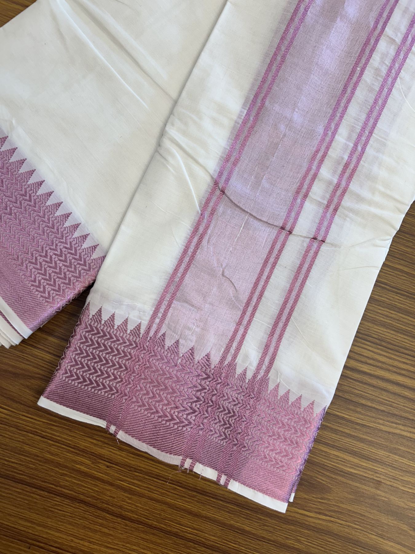 Panchakacham Dhoti - 20% Discount! Kaitharikada Balaramapuram Cotton Mix - Off White - (Unbleached) 80X90 thread - North Iindian - Attached Gamcha - 9x5 Dhoti - 3 inch Rose Pink kara - 12 KK8305 PMC