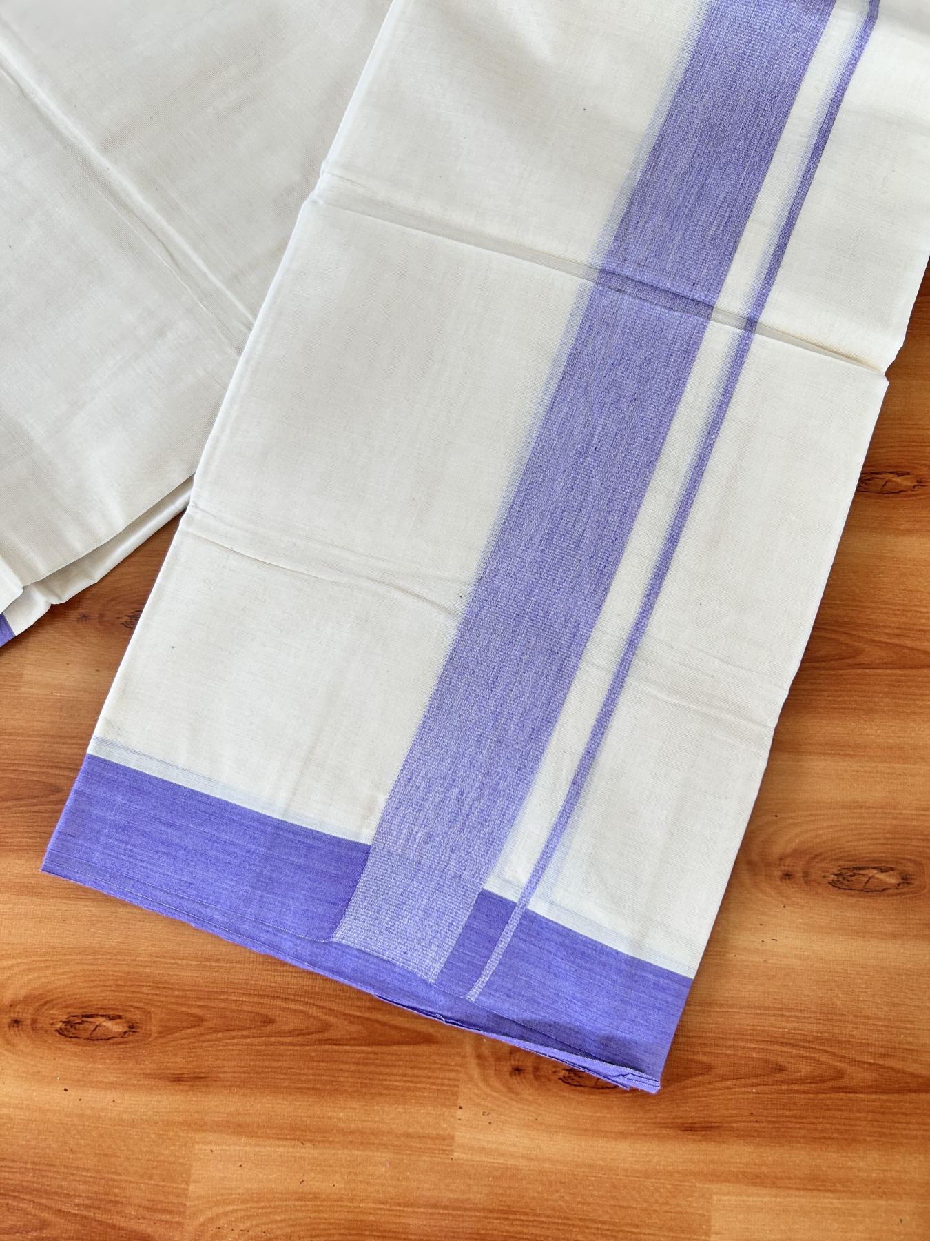 Double Off white - (Unbleached) - Mundu/Dhoti- 20% Discount! KaithariKada 100% Cotton - 100x80 - 1.75 inch Lavender Shaded Kara 4 mtr (8.5 muzham) - 24 KK5440 VIN