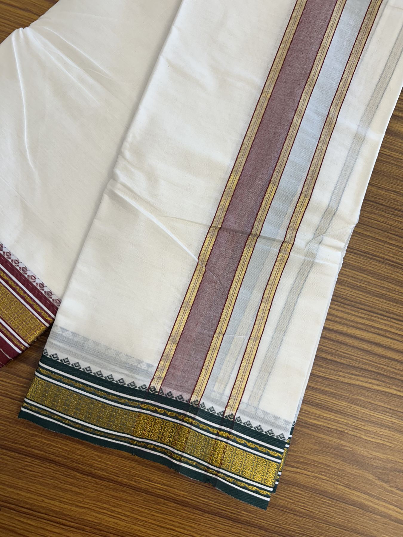 Panchakacham Dhoti - 20% Discount! Kaitharikada Balaramapuram Cotton Mix - Off White - (Unbleached) 80X90 thread - North Iindian - Attached Gamcha - 9x5 Dhoti - 1.5 inch Gold Kasav Maroon & Green kara - 16 KK8305 PMC
