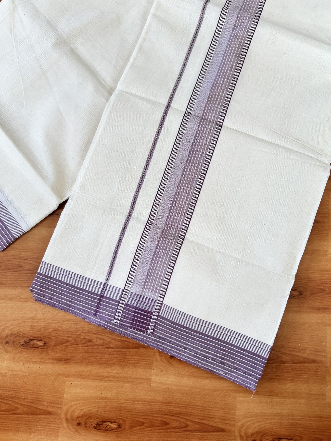 Double Off white - (Unbleached) - Mundu/Dhoti- 20% Discount! KaithariKada 100% Cotton - 100x80 - 1.75 inch Dusty Plum Shaded Stripes Kara 4 mtr (8.5 muzham) - 20 KK5440 VIN