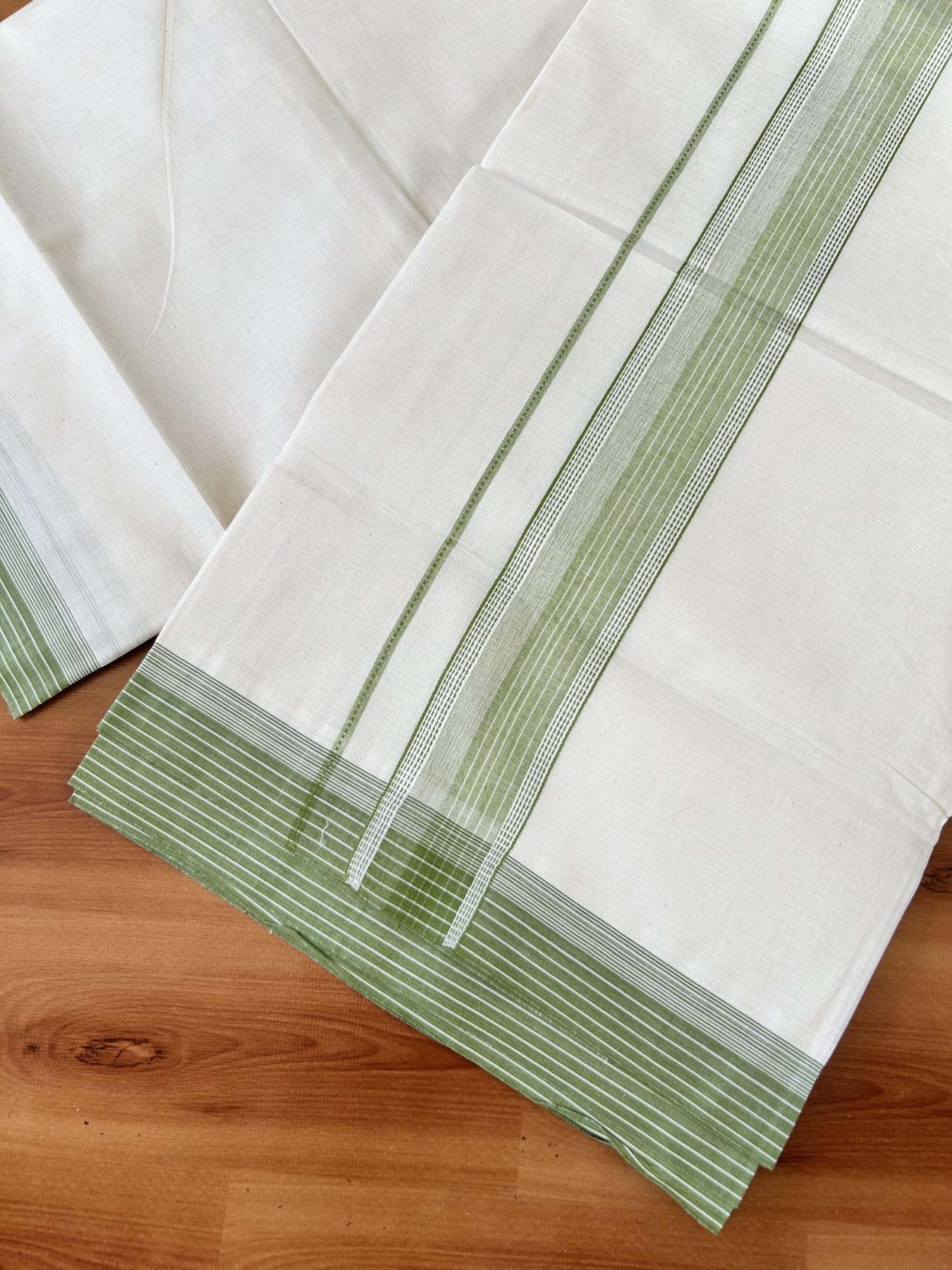 Double Off white - (Unbleached) - Mundu/Dhoti- 20% Discount! KaithariKada 100% Cotton - 100x80 - 1.75 inch Apple Green Shaded Stripes Kara 4 mtr (8.5 muzham) - 18 KK5440 VIN