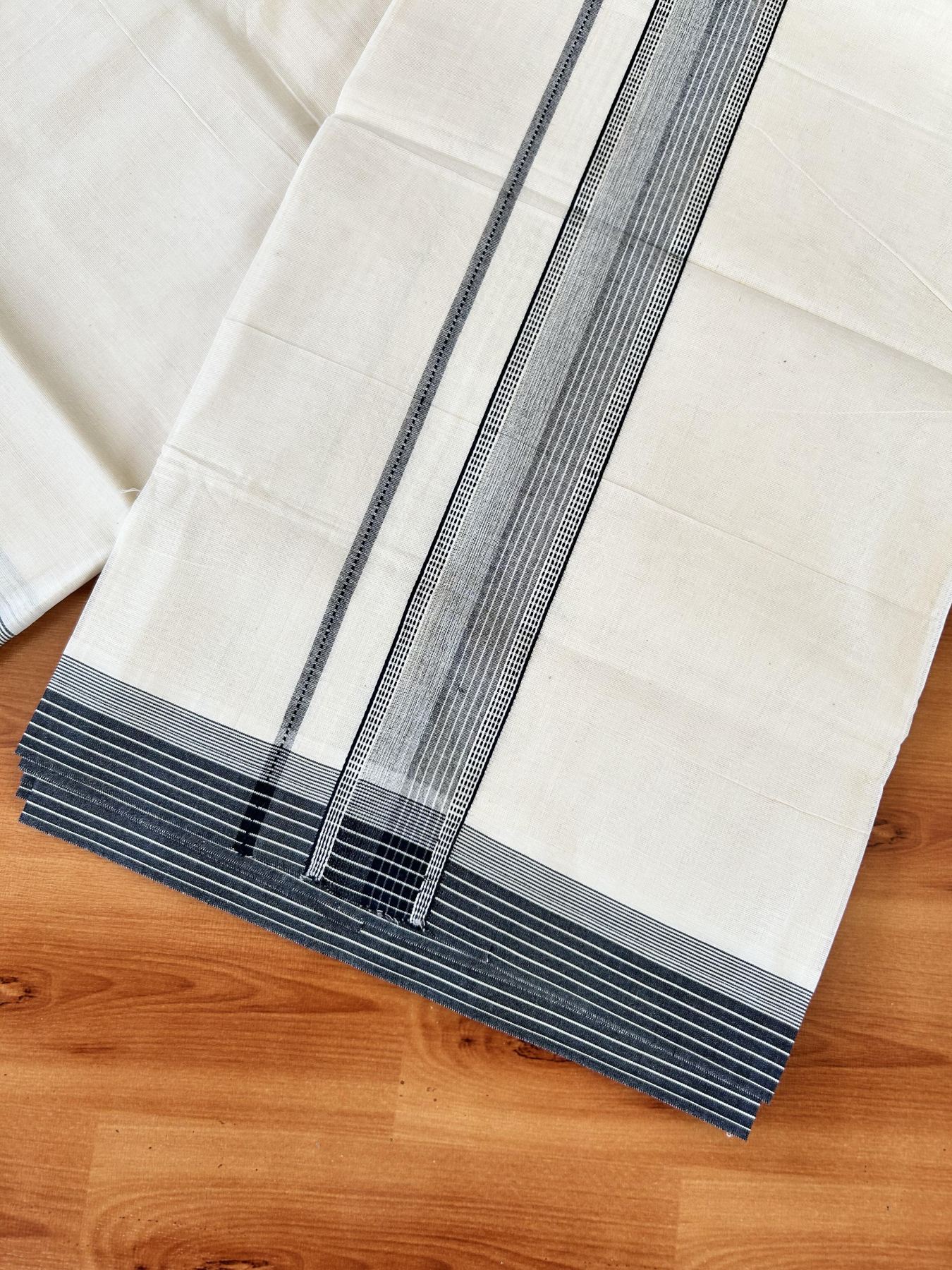 Double Off white - (Unbleached) - Mundu/Dhoti- 20% Discount! KaithariKada 100% Cotton - 100x80 - 1.75 inch Black Shaded Stripes Kara 4 mtr (8.5 muzham) - 17 KK5440 VIN