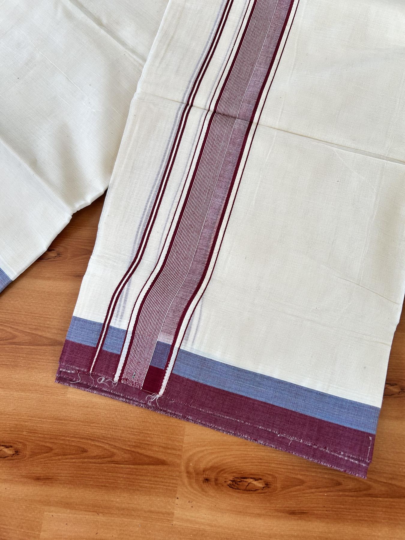 Double Off white - (Unbleached) - Mundu/Dhoti- 20% Discount! KaithariKada 100% Cotton - 100x80 - 1.75 inch Blue & Maroon Stripes Kara 4 mtr (8.5 muzham) - 26 KK5440 VIN