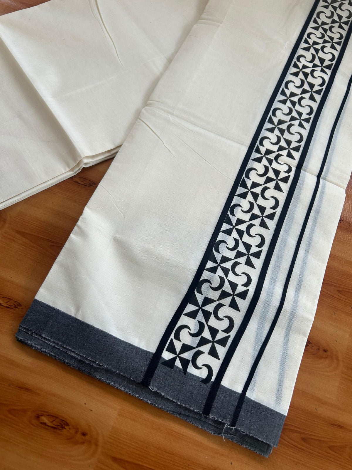 Double Off White (Unbleached) Mundu/Dhoti - 20% Discount! KaithariKada Pulimood 100% Cotton 80x72 - 2.5 inch Black Printed Design Kara - 4 mtr (8.5 muzham) - 46 KK5553 STH