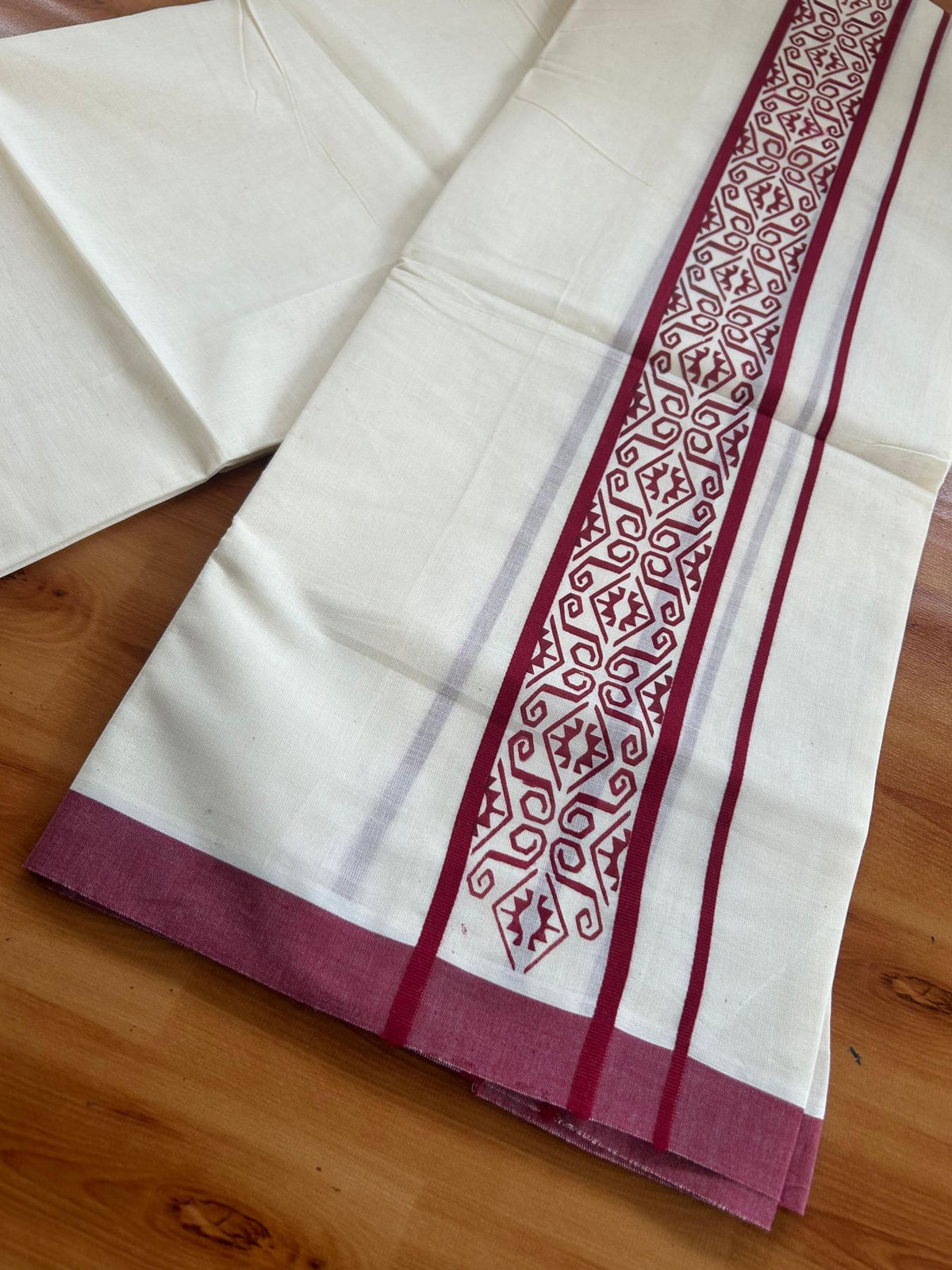 Double Off White (Unbleached) Mundu/Dhoti - 20% Discount! KaithariKada Pulimood 100% Cotton 80x72 - 2.5 inch Maroon Printed Design Kara - 4 mtr (8.5 muzham) - 44 KK5553 STH
