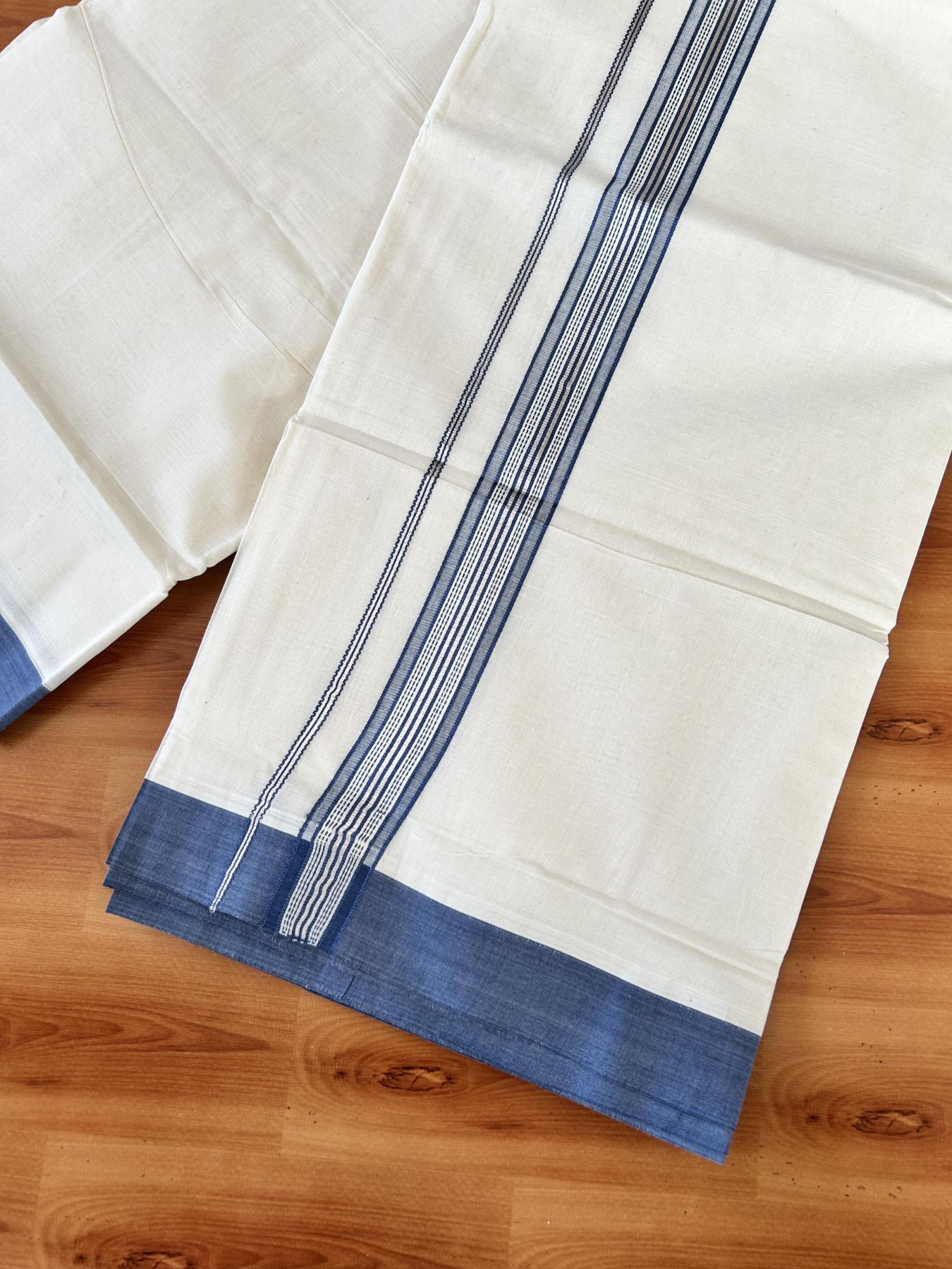 Double Off white - (Unbleached) - Mundu/Dhoti- 20% Discount! KaithariKada 100% Cotton - 100x80 - 1.25 inch Silver Kasav & Dark Grey Blue Shades Stripes Kara 4 mtr (8.5 muzham) - 12 KK5440 VIN