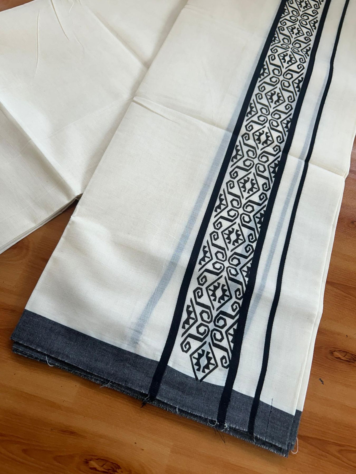 Double Off White (Unbleached) Mundu/Dhoti - 20% Discount! KaithariKada Pulimood 100% Cotton 80x72 - 2.5 inch Black Printed Design Kara - 4 mtr (8.5 muzham) - 45 KK5553 STH