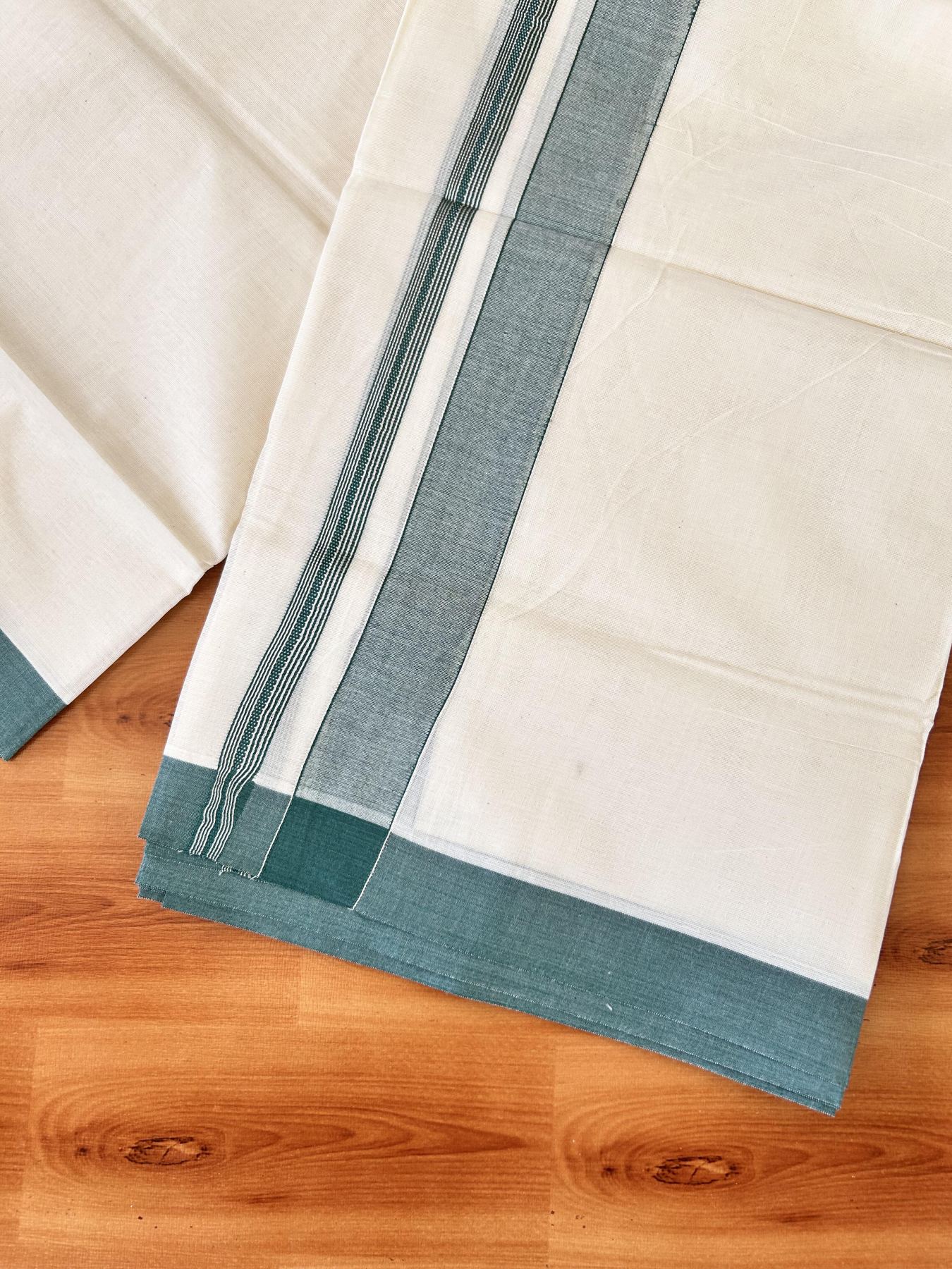 Double Off white - (Unbleached) - Mundu/Dhoti- 20% Discount! KaithariKada 100% Cotton - 100x80 - 1.25 inch Silver Kasav & Green Shades Stripes Kara 4 mtr (8.5 muzham) - 8 KK5440 VIN