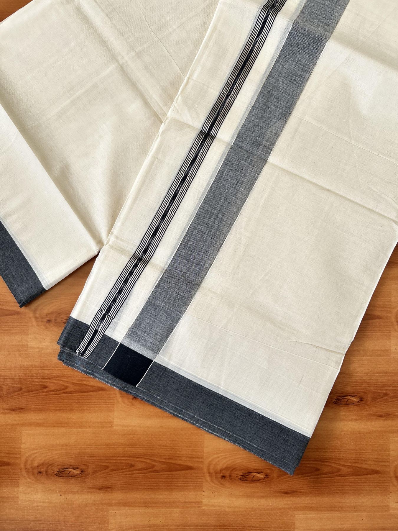 Double Off white - (Unbleached) - Mundu/Dhoti- 20% Discount! KaithariKada 100% Cotton - 100x80 - 1.25 inch Silver Kasav & Black Shades Stripes Kara 4 mtr (8.5 muzham) - 10 KK5440 VIN