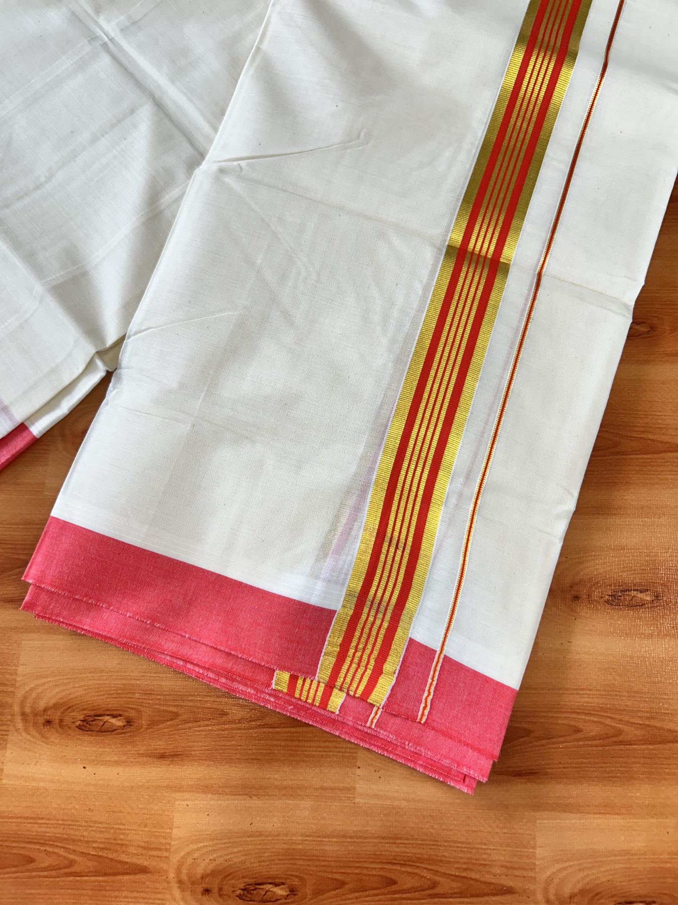 Double Off white - (Unbleached) - Mundu/Dhoti- 20% Discount! KaithariKada 100% Cotton - 100x80 - 1.5 inch Gold Kasav & Reddish Orange Stripes Kara 4 mtr (8.5 muzham) - 5 KK5440 VIN