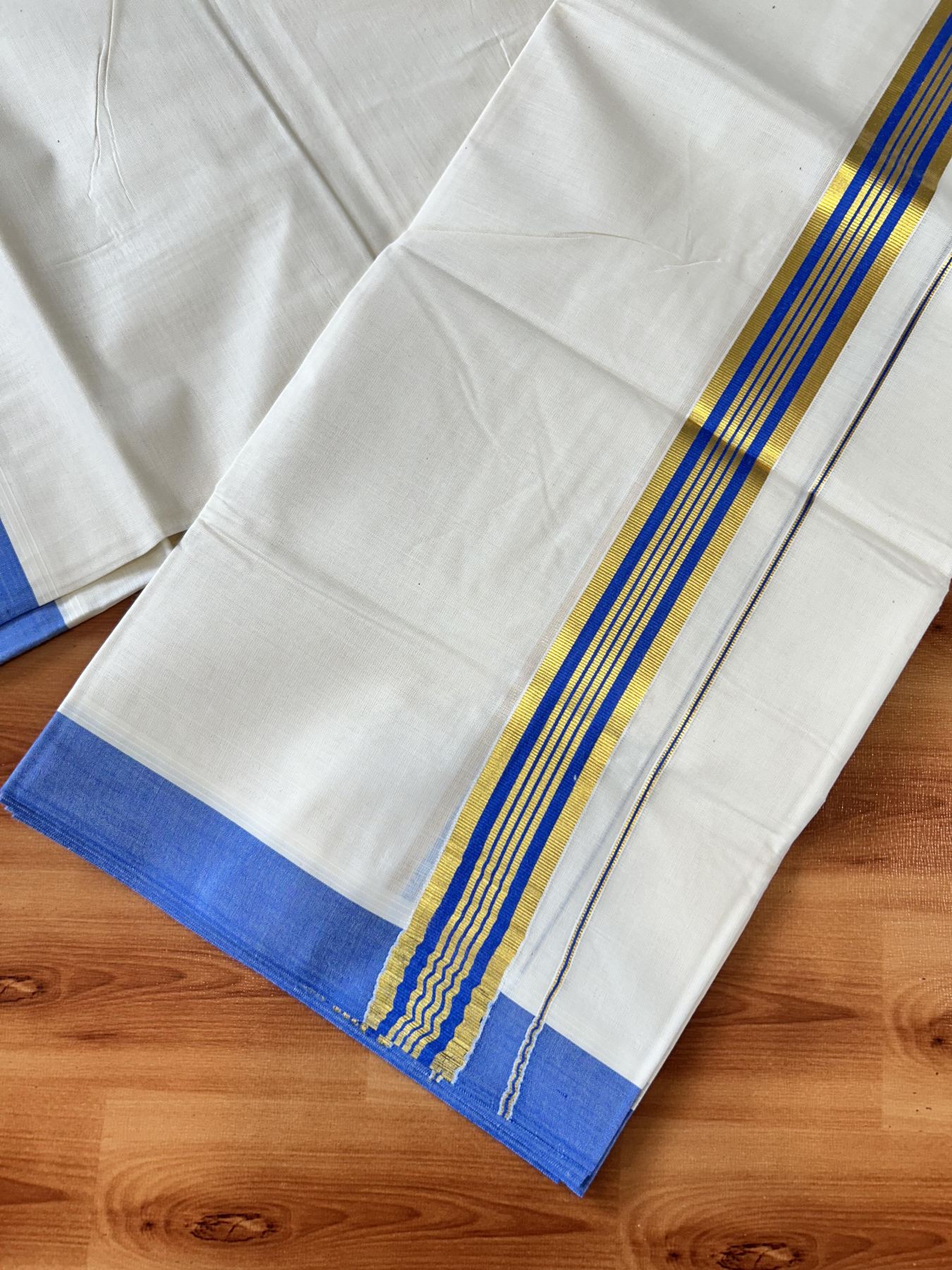 Double Off white - (Unbleached) - Mundu/Dhoti- 20% Discount! KaithariKada 100% Cotton - 100x80 - 1.5 inch Gold Kasav & Blue Stripes Kara 4 mtr (8.5 muzham) - 4 KK5440 VIN