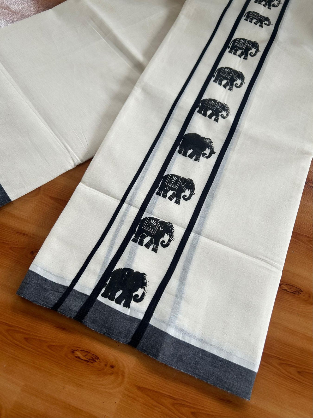 Double Off White (Unbleached) Mundu/Dhoti - 20% Discount! KaithariKada Pulimood 100% Cotton 80x72 - 2.5 inch Black Elephant Printed Design Kara - 4 mtr (8.5 muzham) - 30 KK5553 STH