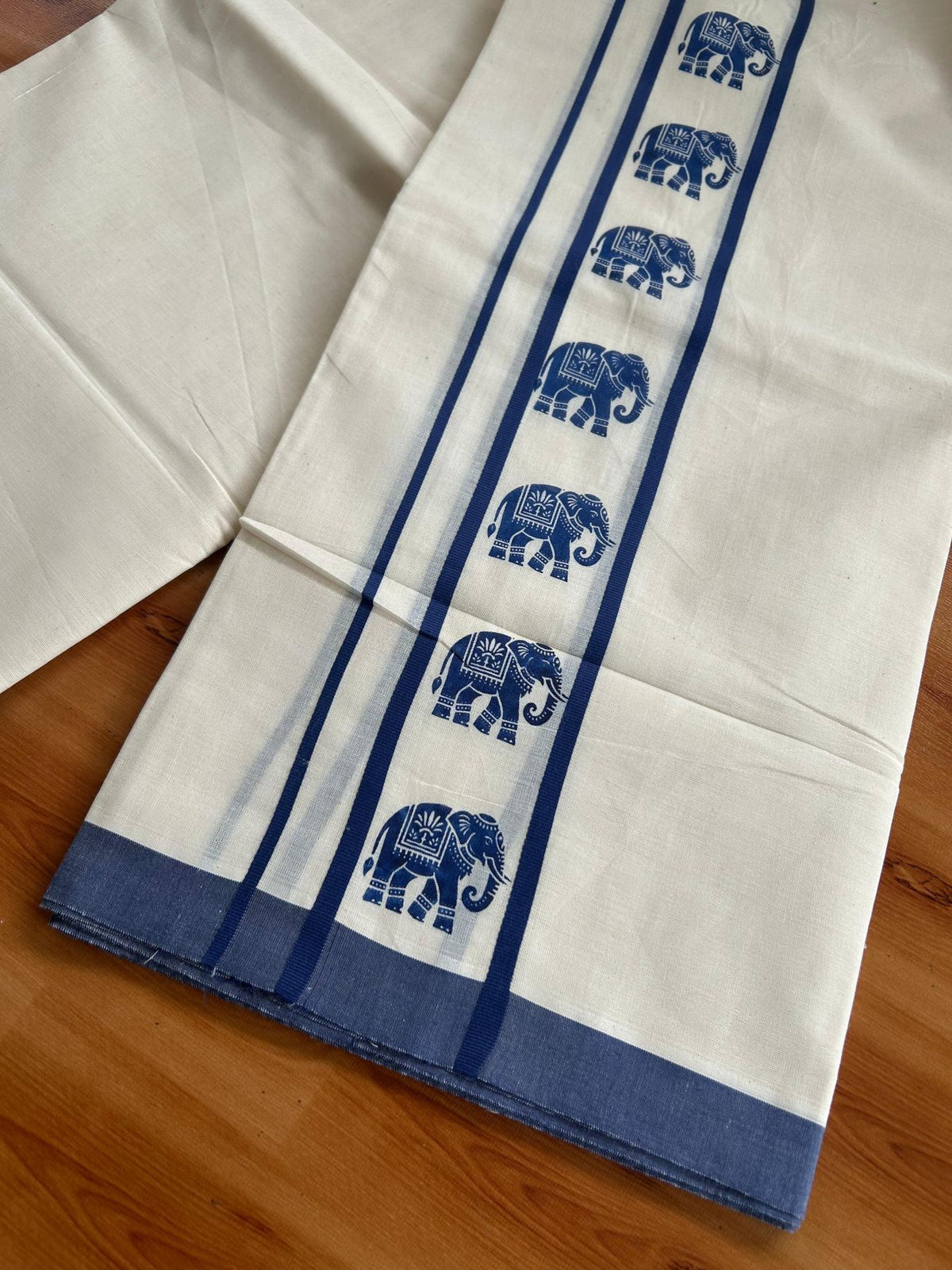 Double Off White (Unbleached) Mundu/Dhoti - 20% Discount! KaithariKada Pulimood 100% Cotton 80x72 - 2.5 inch Navy Blue Elephant Printed Design Kara - 4 mtr (8.5 muzham) - 31 KK5553 STH