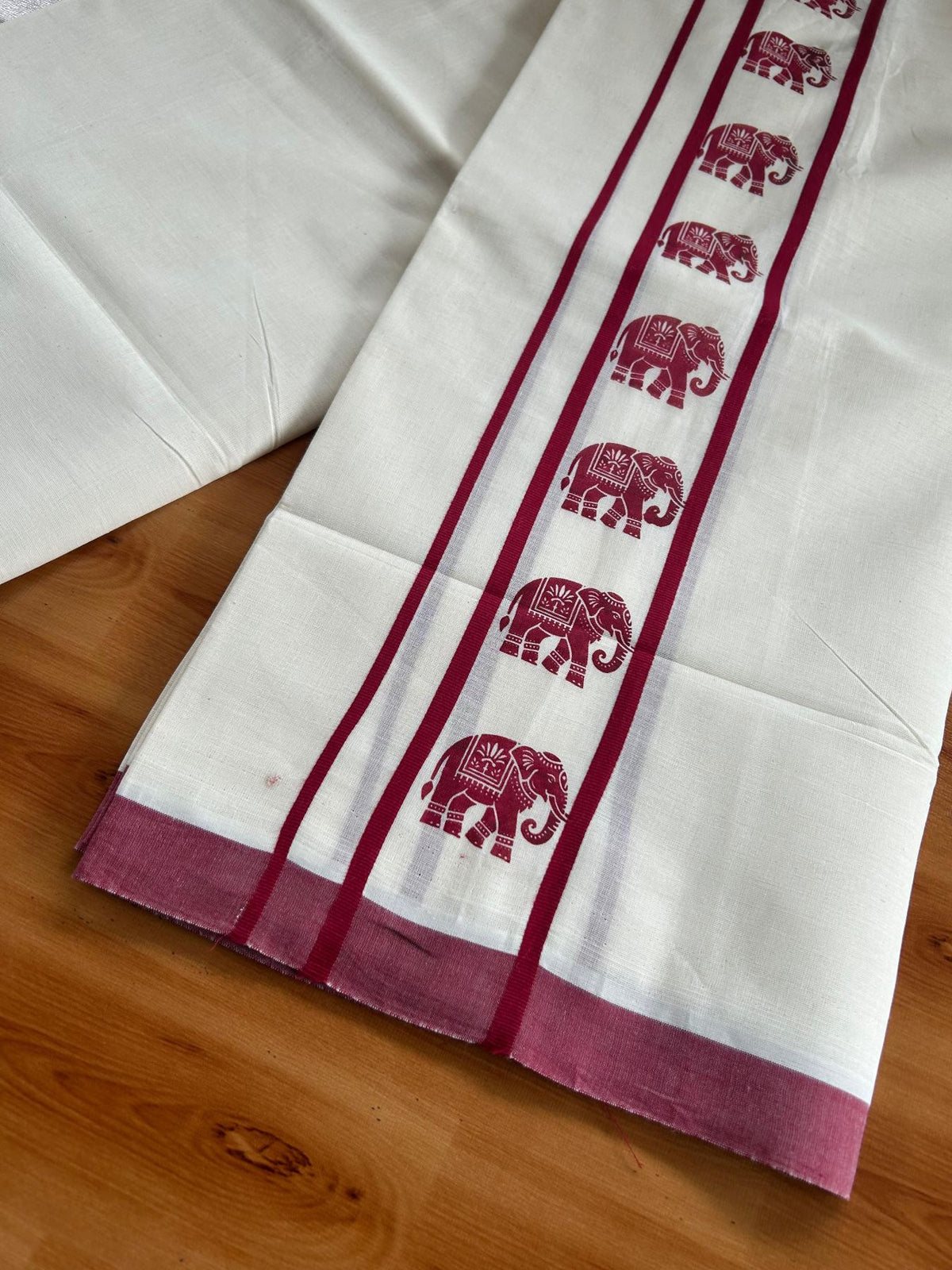 Double Off White (Unbleached) Mundu/Dhoti - 20% Discount! KaithariKada Pulimood 100% Cotton 80x72 - 2.5 inch Maroon Elephant Printed Design Kara - 4 mtr (8.5 muzham) - 32 KK5553 STH