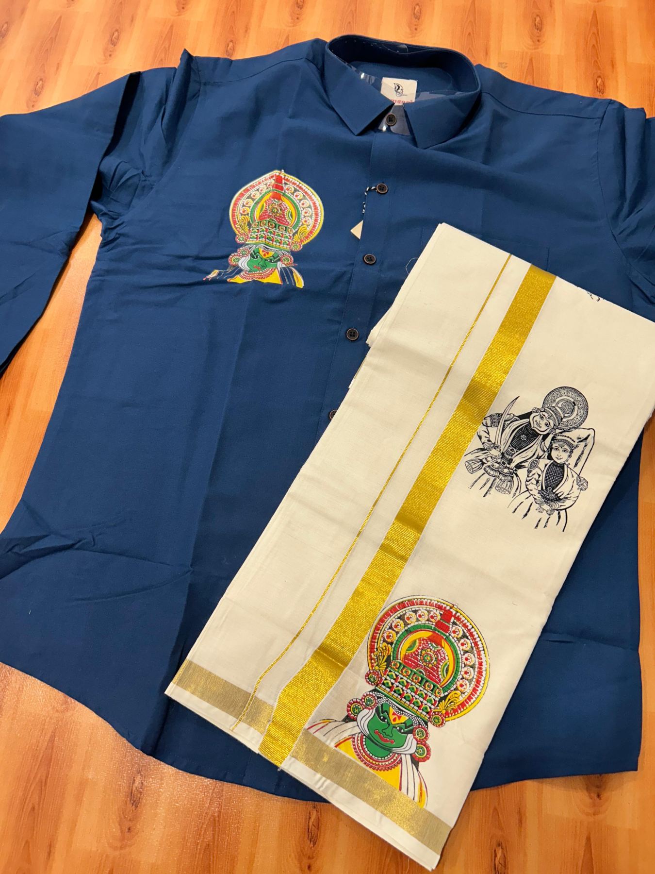 Combo Shirt Mund Mixed cotton - Full Sleeve - KaithariKada - 1 inch Gold Kasav Kara & Kathakali Printed Blue Shirt - 2 KK7052 KUT