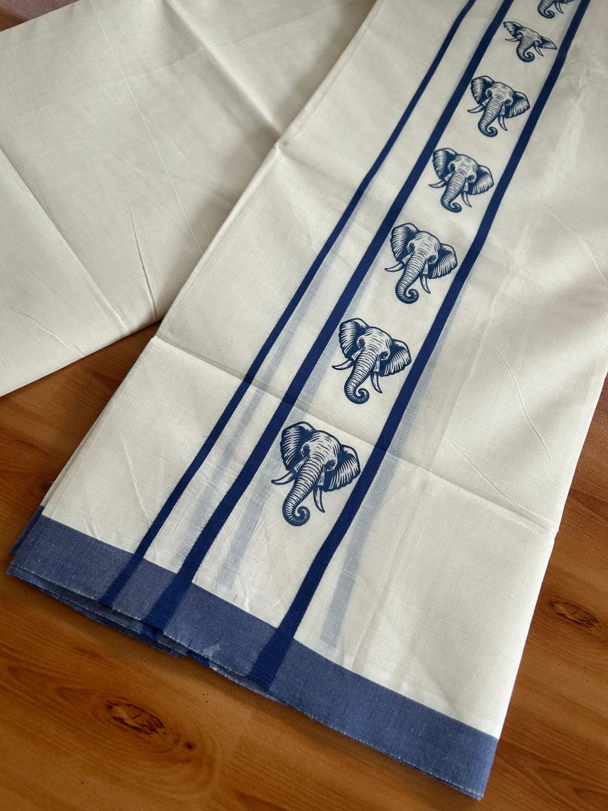 Double Off White (Unbleached) Mundu/Dhoti - 20% Discount! KaithariKada Pulimood 100% Cotton 80x72 - 2.5 inch Navy Blue Elephant Printed Design Kara - 4 mtr (8.5 muzham) - 34 KK5553 STH