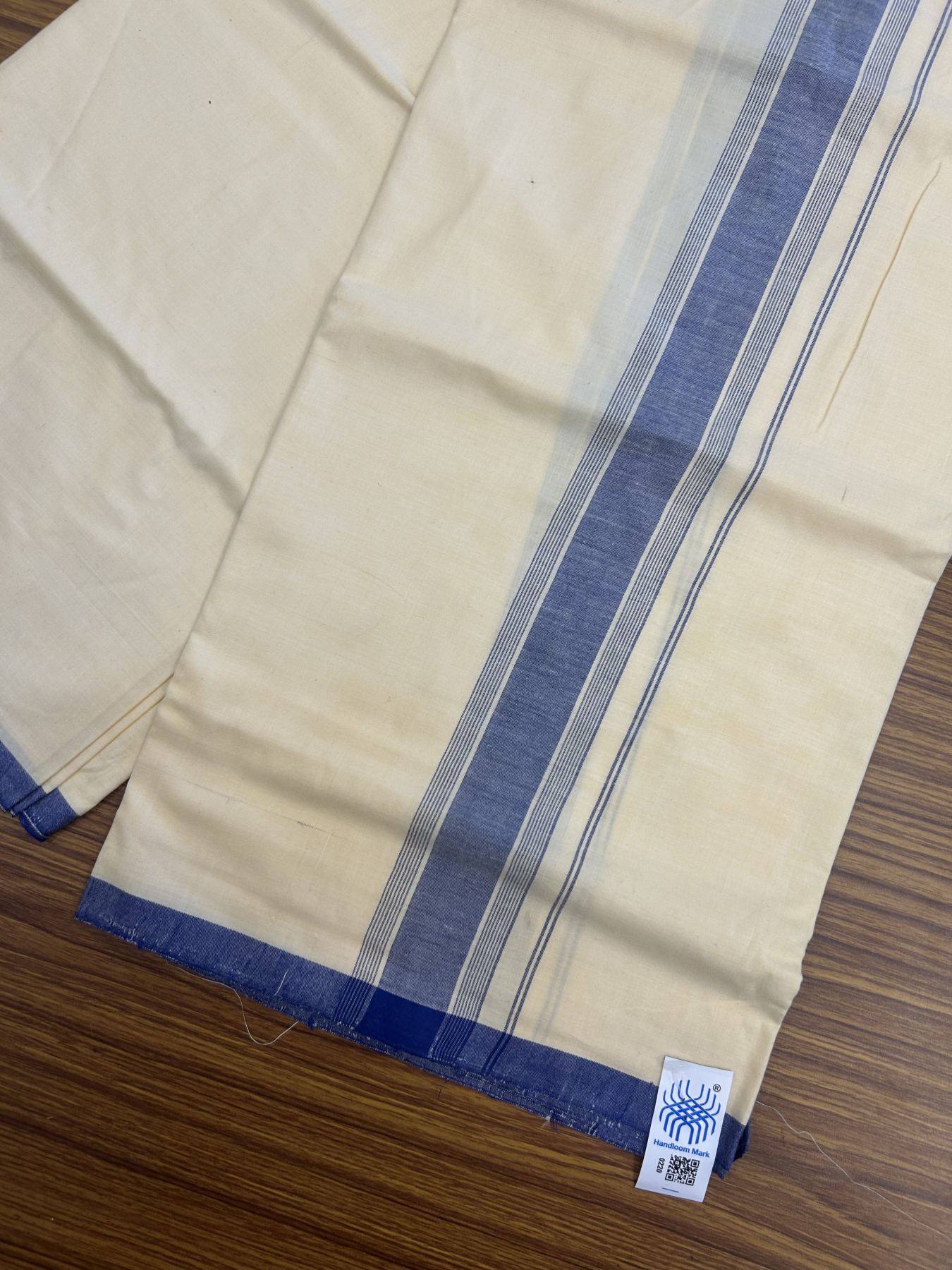 Kannur Kavi Dhoti - KaithariKada Kerala Handloom Single Mundu/Dhoti - 100% Pure Cotton 2/80x2/80s Thread - Kannur Light Yellow colour Body 2 inch Blue Striped Kara - 9 KK5333 KAL