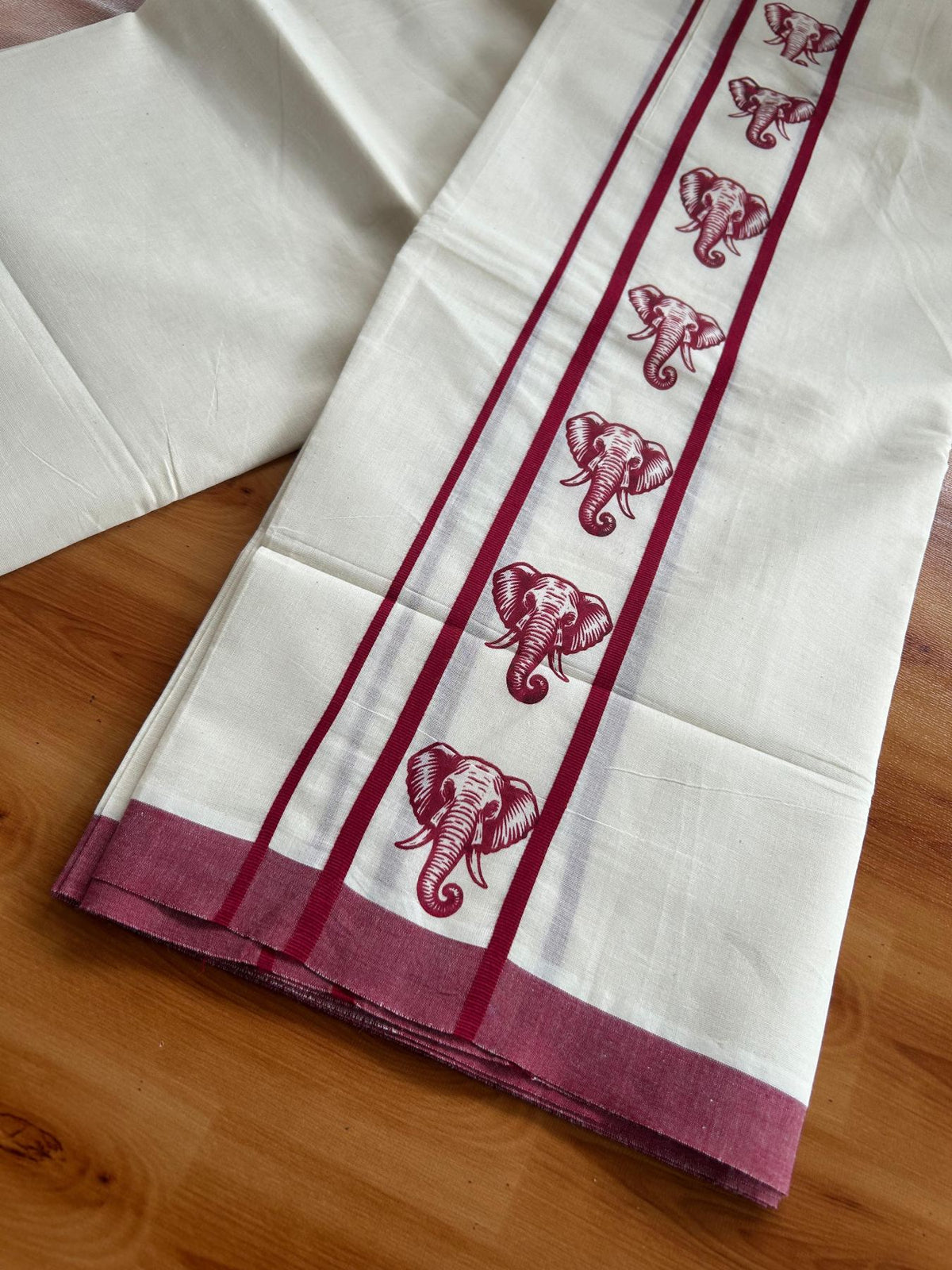Double Off White (Unbleached) Mundu/Dhoti - 20% Discount! KaithariKada Pulimood 100% Cotton 80x72 - 2.5 inch Maroon Elephant Printed Design Kara - 4 mtr (8.5 muzham) - 33 KK5553 STH