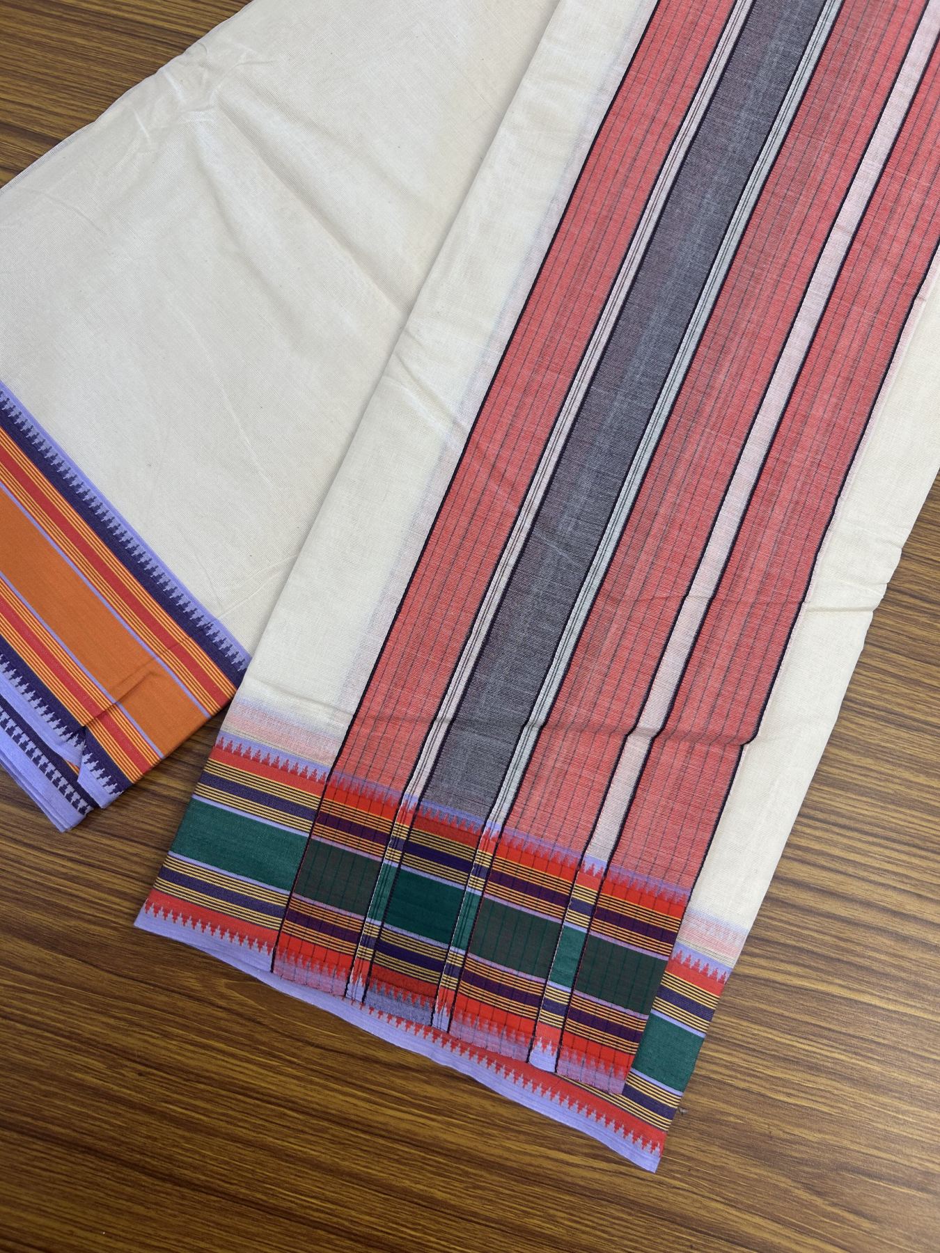 Panchakacham Dhoti - 20% Discount! KaithariKada 100% Cotton Off White - (Unbleached) - Pure Cotton -100x80 thread - North Indian - Attached Gamcha 9X5 Dhoti Red Violet kara with Green Red & Violet Yellow Striped border - 5 KK5333 PMC