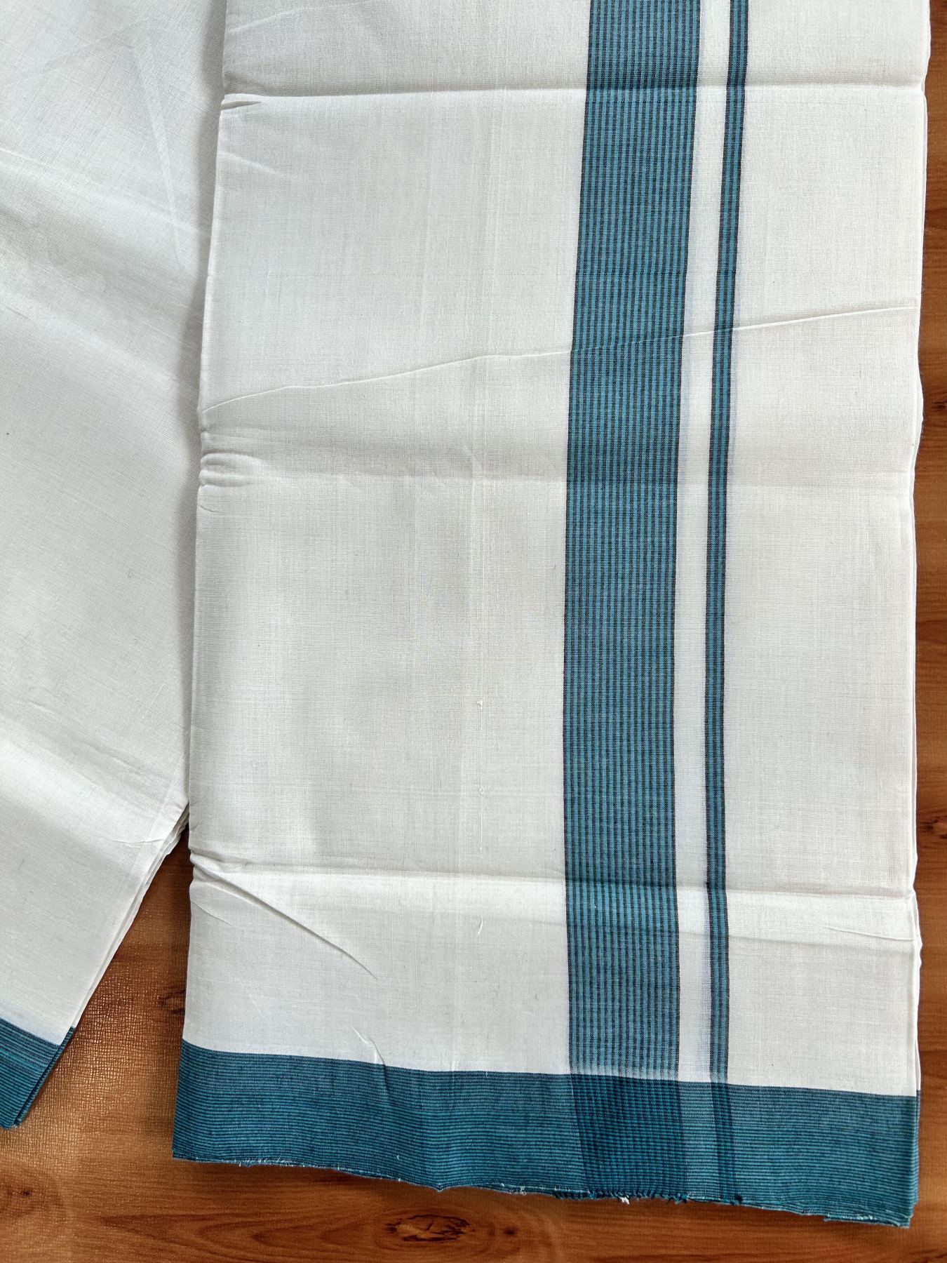 Double Off White (Unbleached) Mundu/Dhoti - 25% Discount! KaithariKada Handloom Unakkupaav - Kerala Handloom - Pure Cotton - 80x90 - 1.5 Inch Teal Green & Black Shaded Striped Kara 4 mtr (8.5 Muzham) - 16 KK5439 YAR