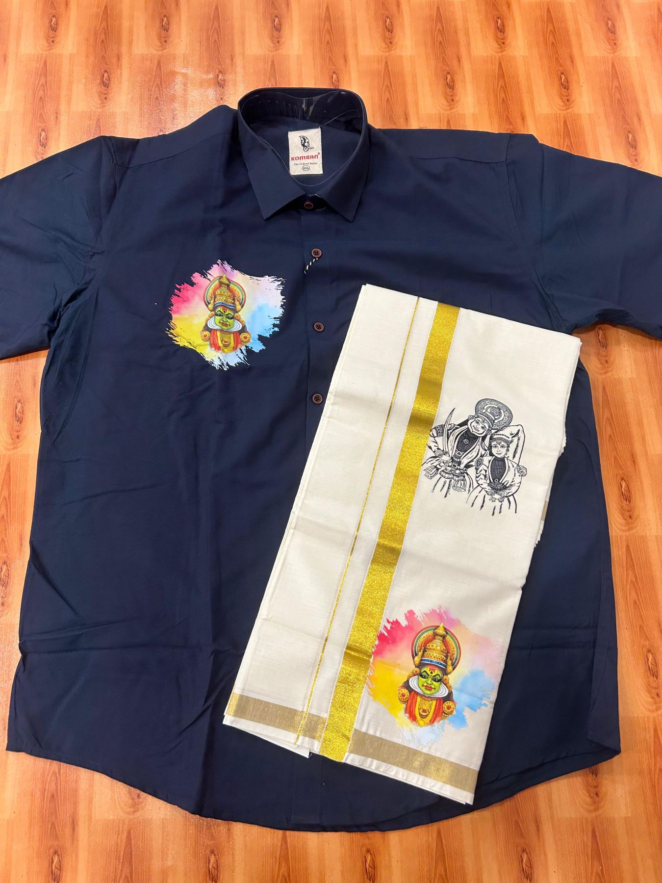 Combo Shirt Mund Mixed cotton - Half Sleeve - KaithariKada - 1 inch Gold Kasav Kara & Kathakali Printed Navy Blue Shirt - 9 KK7052 KUT