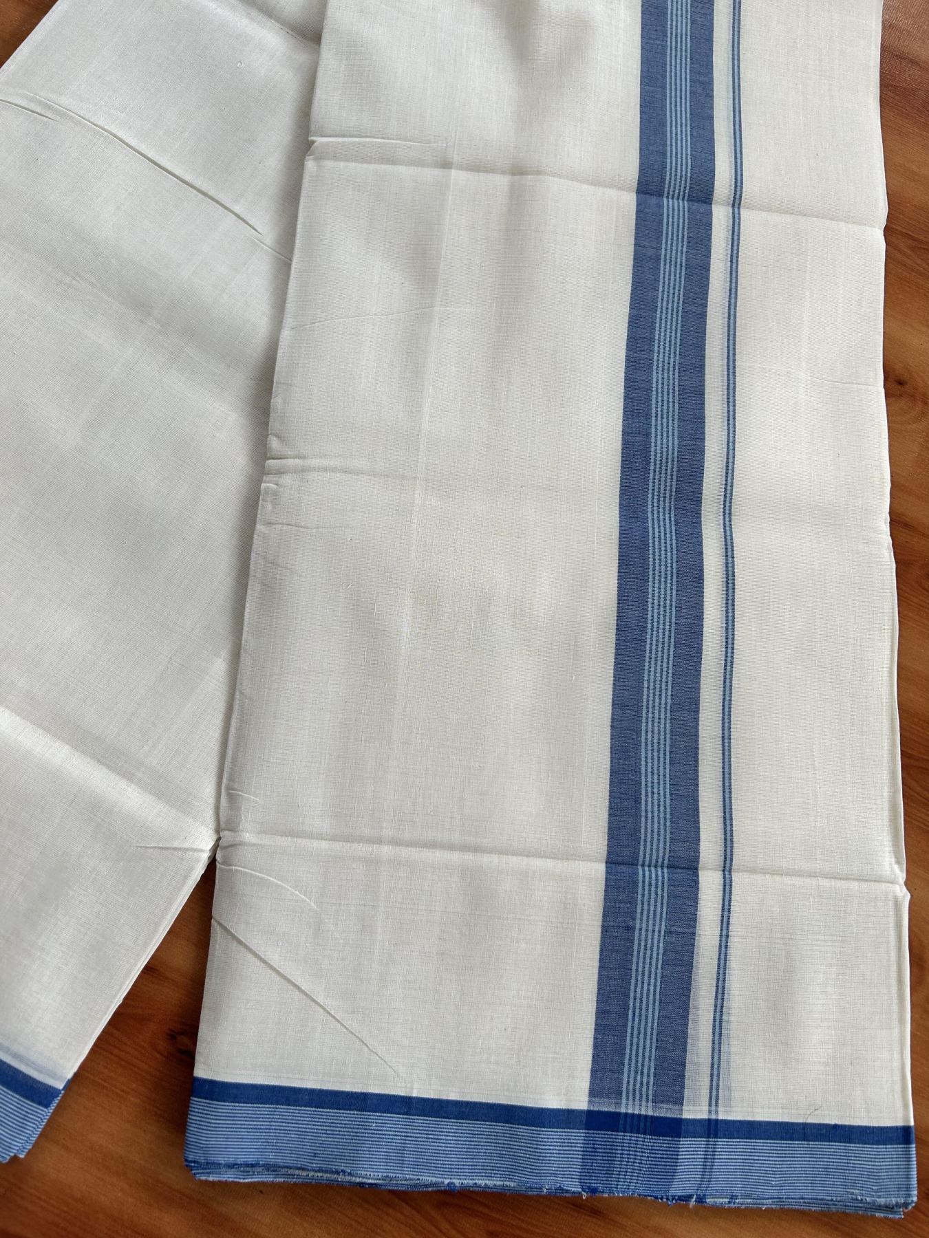 Double Off White (Unbleached) Mundu/Dhoti - 25% Discount! KaithariKada Handloom Unakkupaav - Kerala Handloom - Pure Cotton - 80x90 - 1.25 Inch Blue & Sky Blue Shaded Striped Kara 4 mtr (8.5 Muzham) - 15 KK5439 YAR