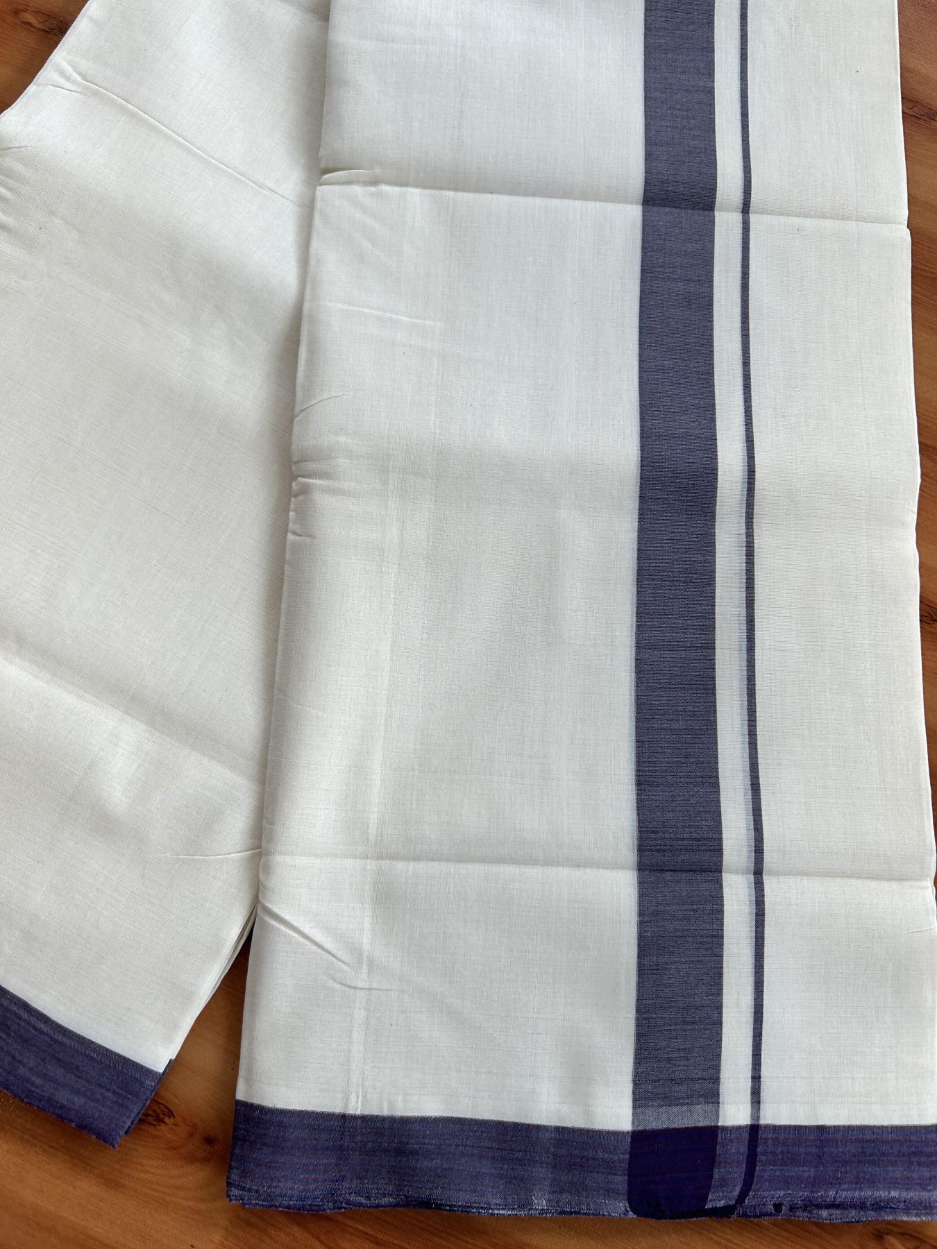 Double Off White (Unbleached) Mundu/Dhoti - 25% Discount! KaithariKada Handloom Unakkupaav - Kerala Handloom - Pure Cotton - 80x90 - 1.25 Inch Navy Blue & Maroon Kara 4 mtr (8.5 Muzham) - 24 KK5439 YAR