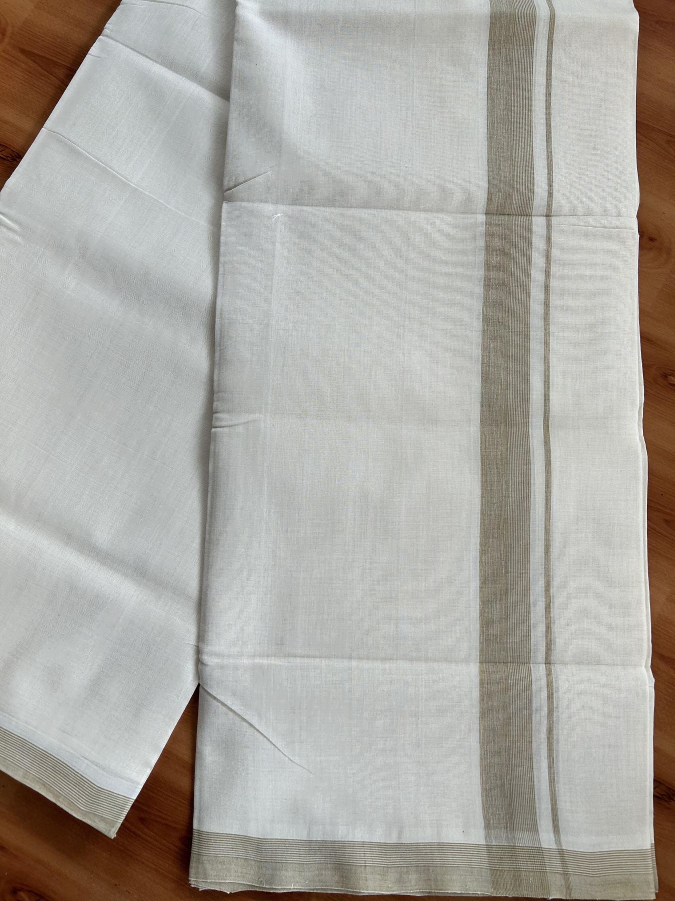 Double Off White (Unbleached) Mundu/Dhoti - 25% Discount! KaithariKada Handloom Unakkupaav - Kerala Handloom - Pure Cotton - 80x90 - 1.25 Inch Sand Brown Shaded Striped Kara 4 mtr (8.5 Muzham) - 18 KK5439 YAR