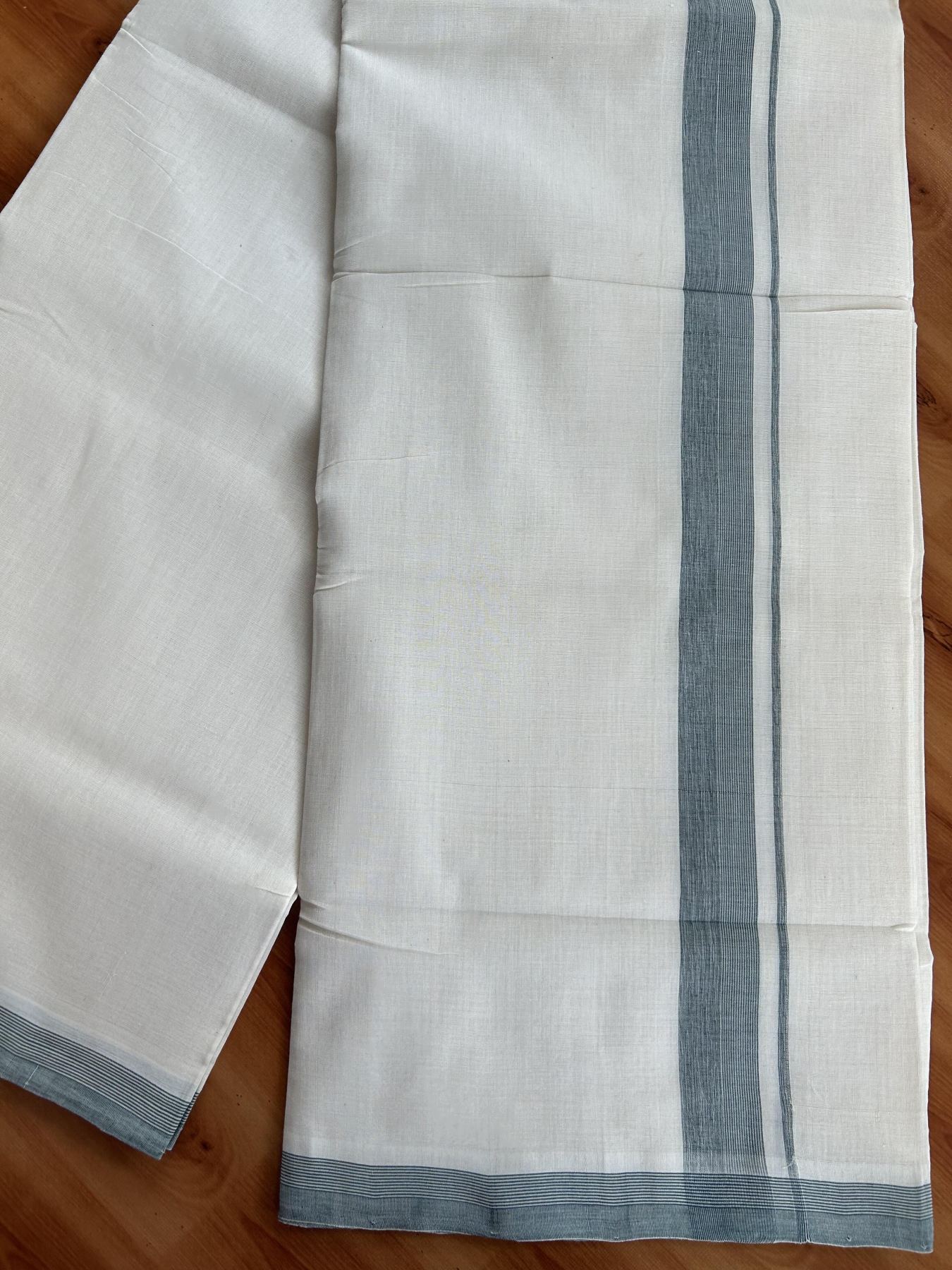 Double Off White (Unbleached) Mundu/Dhoti - 25% Discount! KaithariKada Handloom Unakkupaav - Kerala Handloom - Pure Cotton - 80x90 - 1.5 Inch Green Shaded Striped Kara 4 mtr (8.5 Muzham) - 17 KK5439 YAR