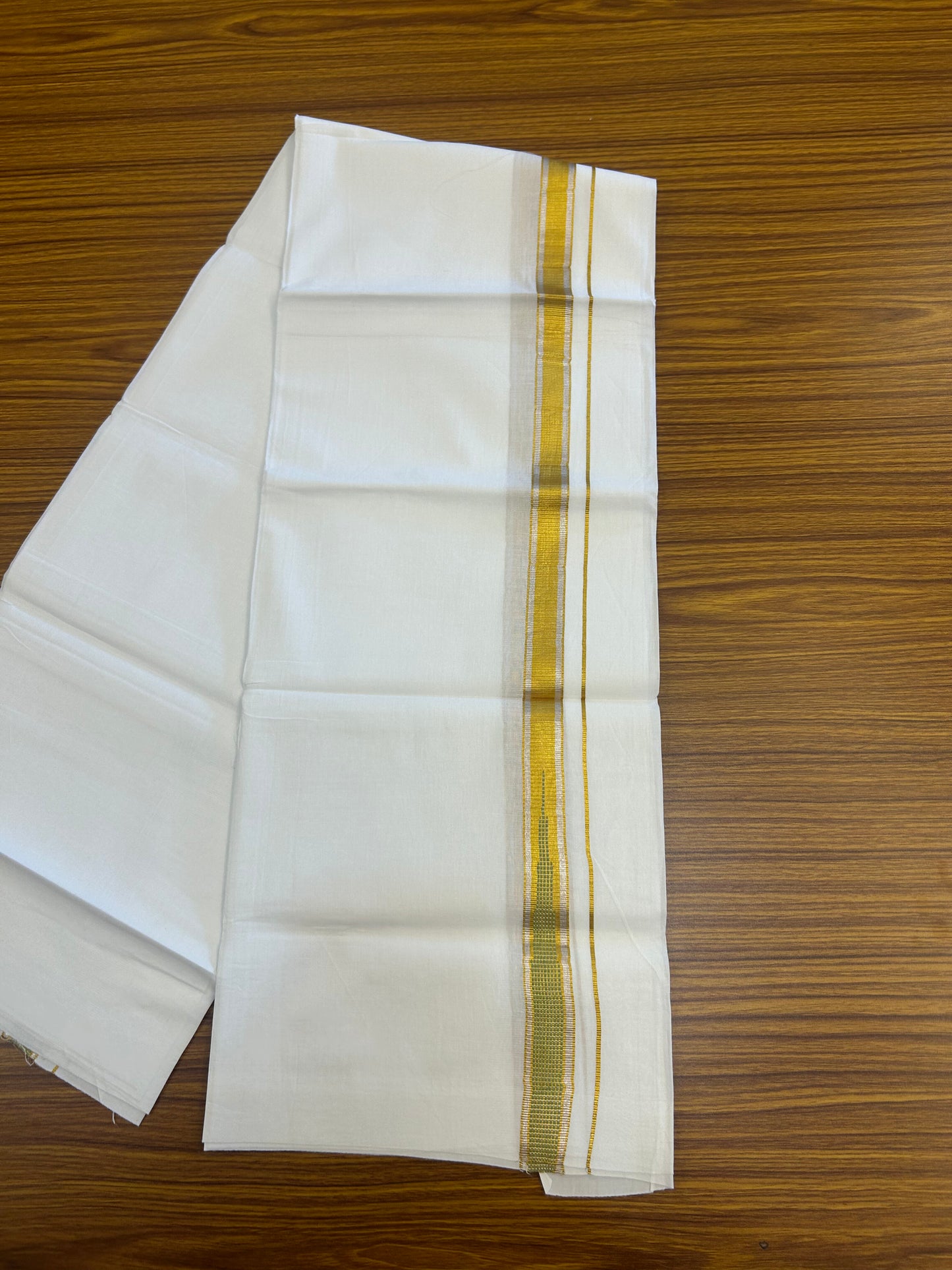 KaithariKada Balaramapuram 100% Cotton Single Pure White Mundu/Dhoti - 80x60 - 1 inch Silver Gold Kasav Light Green Striped chutty kara 2 mtr (4 muzham) - 70 KK5359 THI