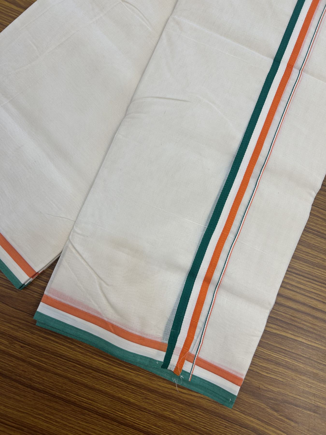 Congress Veshti - 20% Discount! KaithariKada 100% Cotton off white Double - (Unbleached) Mundu/Dhoti - 100X80 - 1 inch Orange White & Green Kara - 3 KK5335 ASH