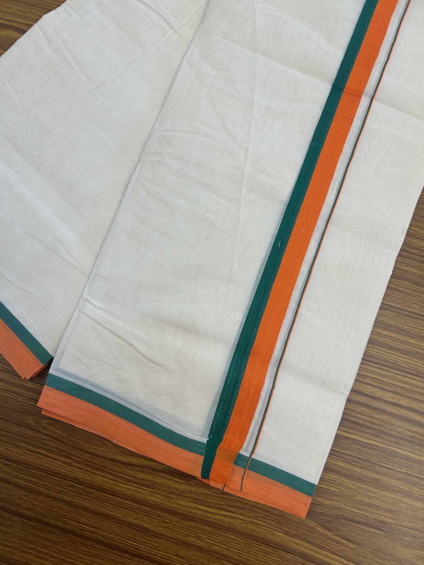 Bjp Veshti - 20% Discount! KaithariKada 100% Cotton off white Double - (Unbleached) Mundu/Dhoti - 100X80 - 1.25 inch Orange & Green Kara - 3.80 mtr (8 muzham) - 7 KK5335 ASH