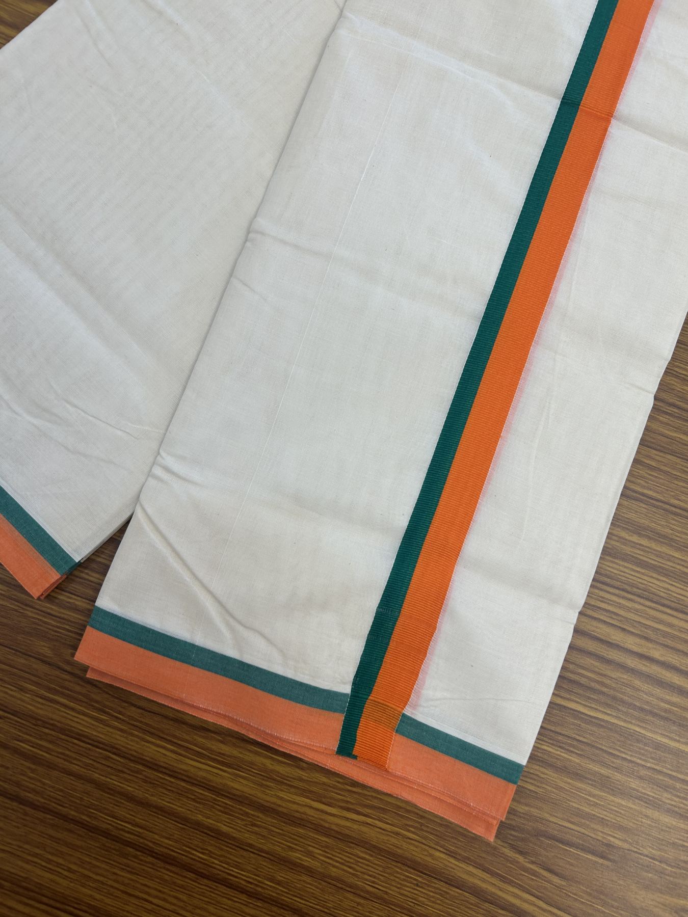 Bjp Veshti - 20% Discount! KaithariKada 100% Cotton Off White Double - (Unbleached) Mundu/Dhoti - 100X80 - 1 inch Orange & Green Kara 3.80 m (8 muzham)- 5 KK5335 ASH