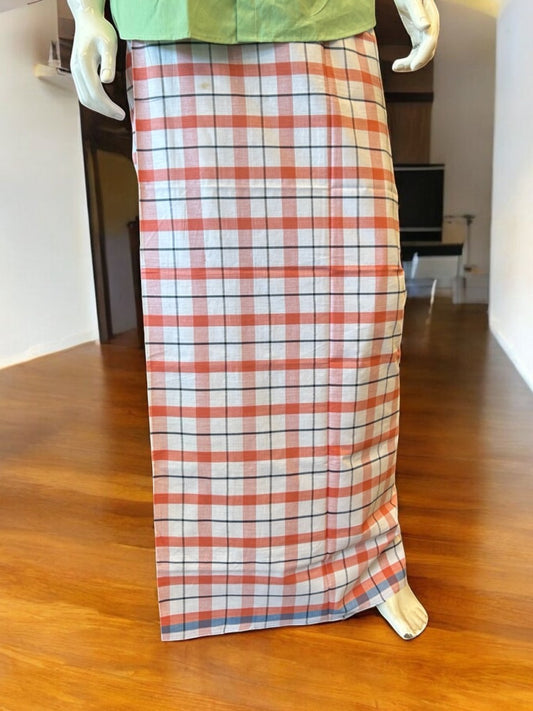 10% DISCOUNT ! KaithariKada Kalamachal 100% Pure Cotton - (80X80) Twisted Thread Handloom Single Mundu/Dhoti - Red Check Colour Body & Black striped Kara (2 meter /4 muzham) - 13KK8004KK