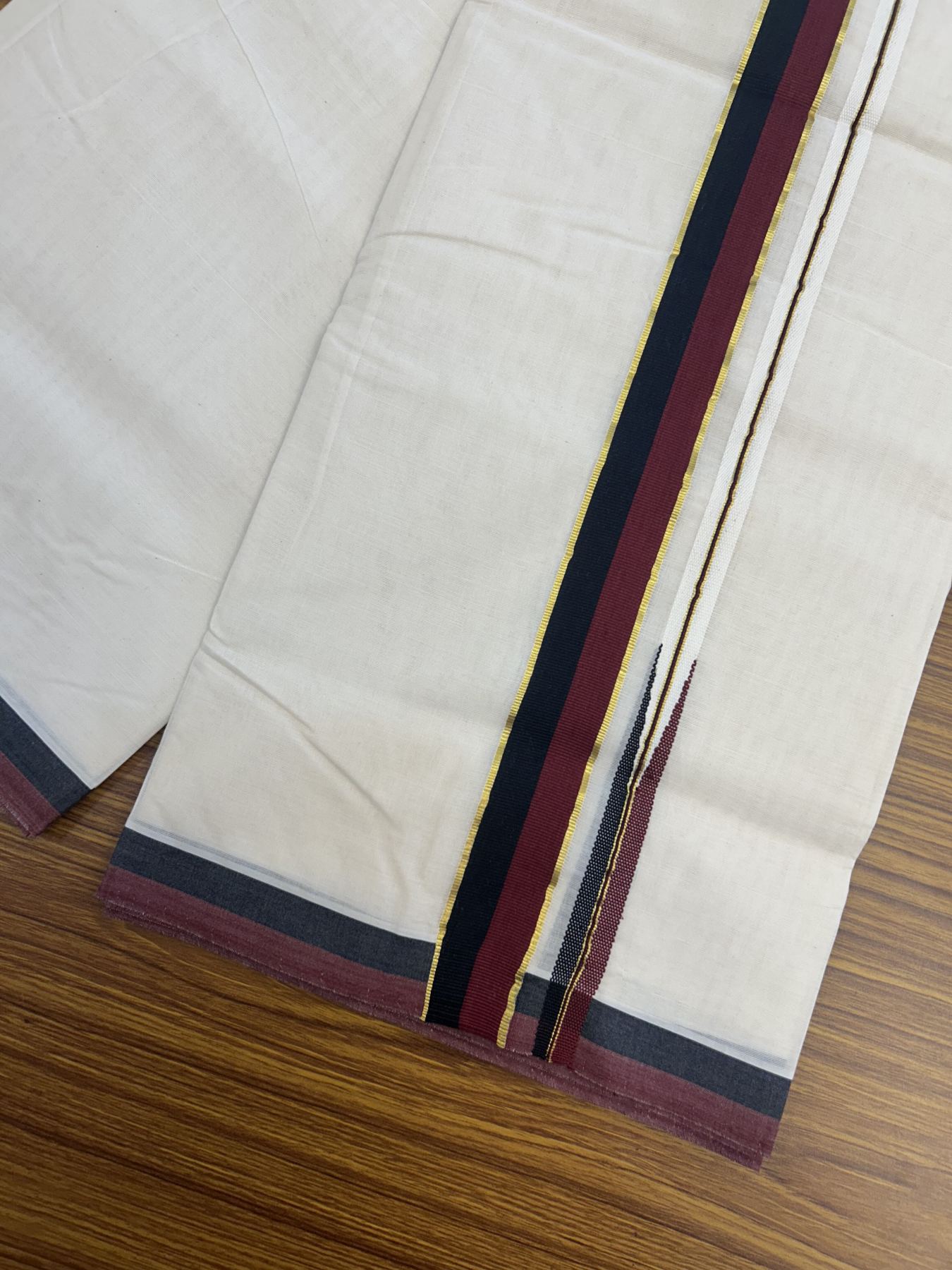Dmk Veshti - 20% Discount !! KaithariKada Balaramapuram Double Off White - (Unbleached) Mundu/Dhoti - 100X100 - 1.5 inch Puliyilakkara Kasav Maroon & Black Chutty Kara 4 meters (8.5 Muzham) - 6 KK5335 ASH