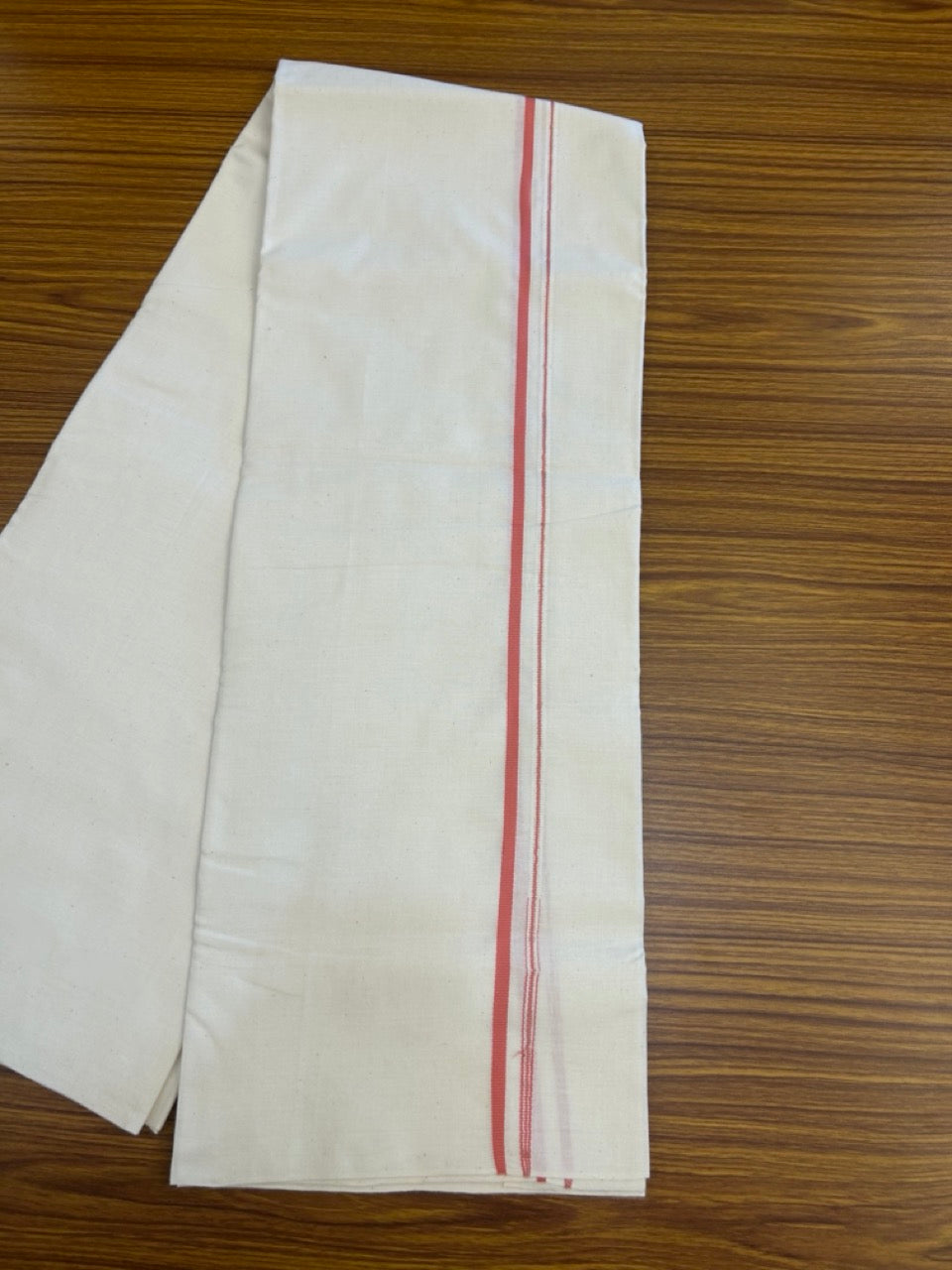 25% DISCOUNT!! SIGNATURE KAITHARIKADA EXCLUSIVE SINGLE DHOTI - 100% Cotton Balaramapuram HANDLOOM Single Mundu/Dhoti - Off White (Unbleached) 0.25 inch Puliyilakkara Silver Kasav & Peach Chutty Kara (2 meter / 4 muzham) - 5 KK5293 KAI