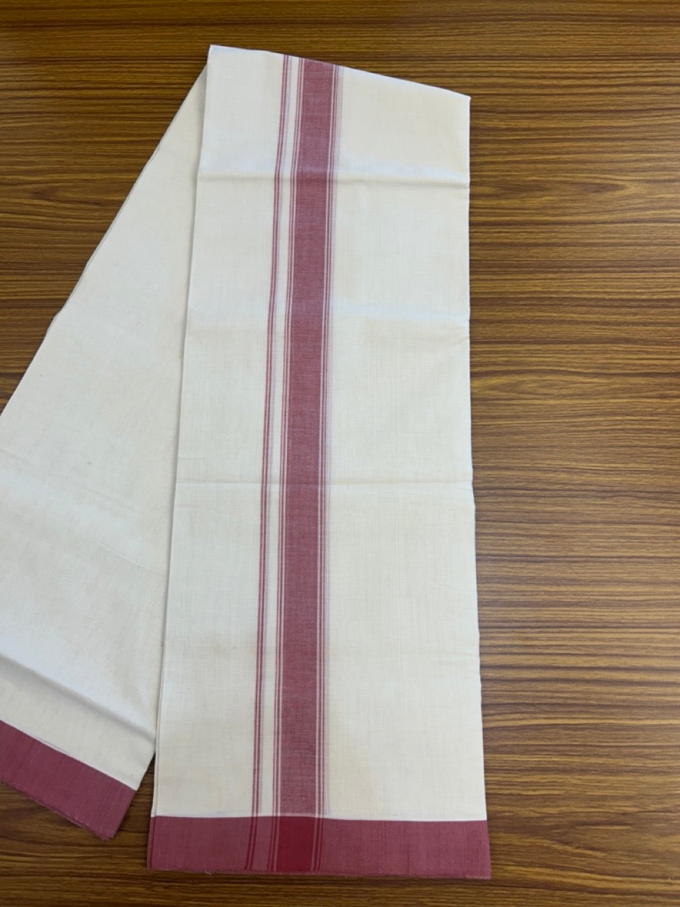 25% Discount KaithariKada Handloom Unakkupaav Balaramapuram - 100% PURE Cotton off white (Unbleached) Double Mundu/Dhoti - 80X90 - 1.5 inch Light Maroon Side Striped Kara 3.80 mtr (8 muzham) - 9 KK5293 ELA