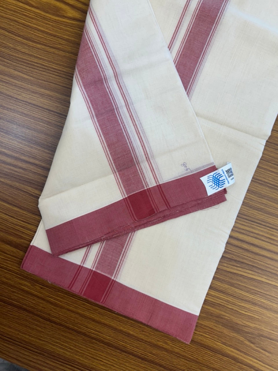 25% Discount KaithariKada Handloom Unakkupaav Balaramapuram - 100% PURE Cotton off white (Unbleached) Double Mundu/Dhoti - 80X90 - 1.5 inch Light Maroon Side Striped Kara 3.80 mtr (8 muzham) - 9 KK5293 ELA