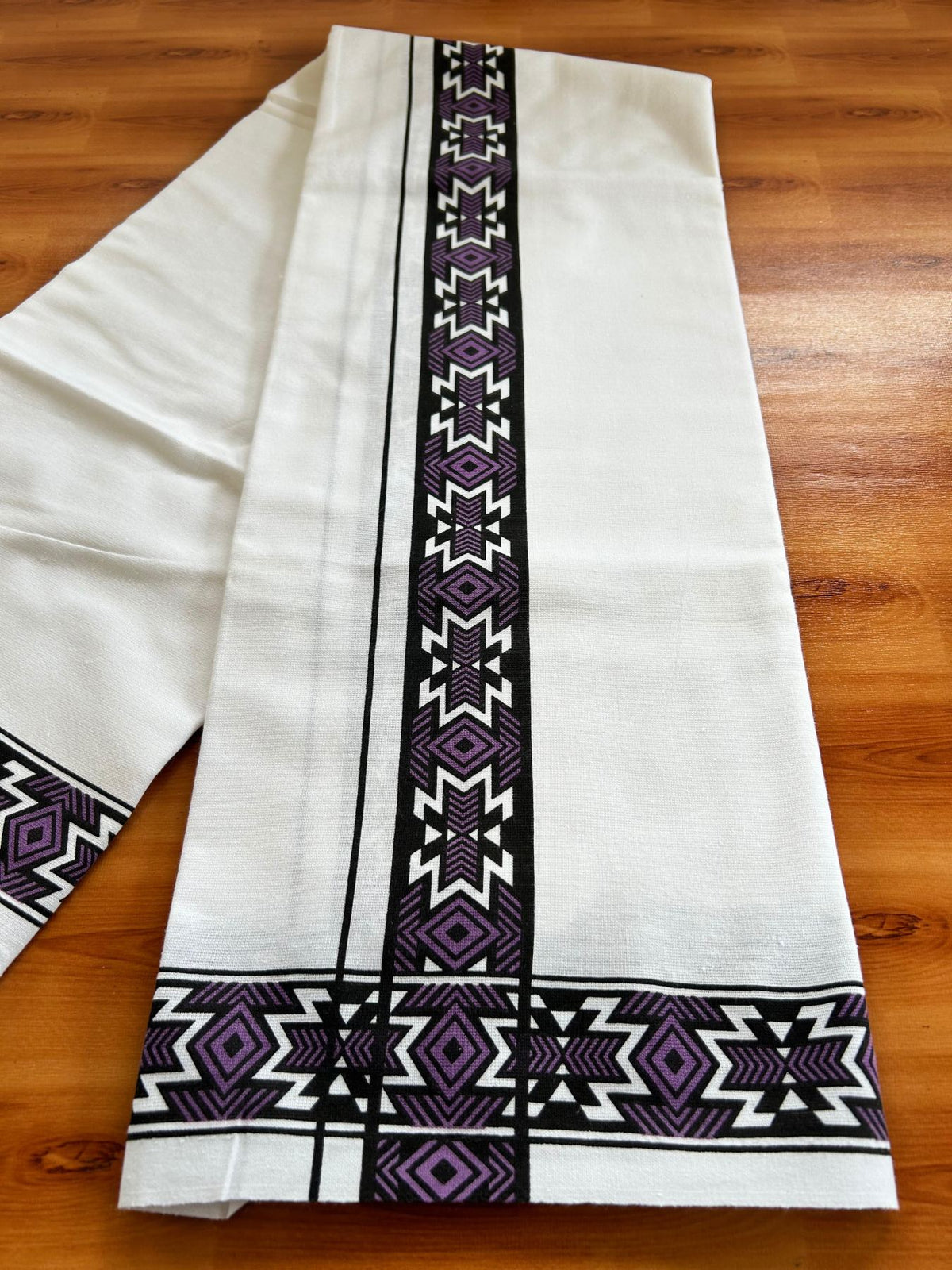 Single White Kerala Mund Polyster Mixed Cotton - (20s) - Kaily / Lungi - 2 inch Violet Printed Kara (2 meter / 4 muzham) - 5 KK8070 GAN