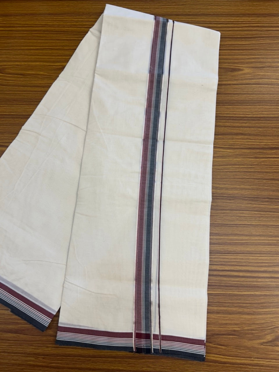 ADMK VESHTI - 20% DISCOUNT! KaithariKada 100% Cotton off white Double - (Unbleached) Mundu/Dhoti - 100X100 - 1.25 inch inch Silver Kasav Black Maroon & White Striped kara - 10 KK5293 ASH